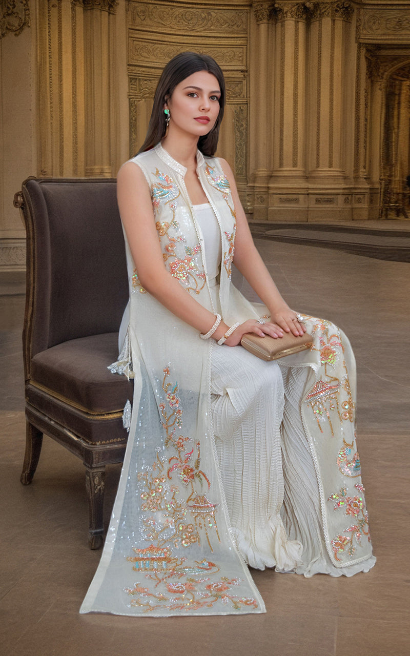 Ivory Embroidered Net Jacket with Crushed Gharara (2-Piece) - Image 3