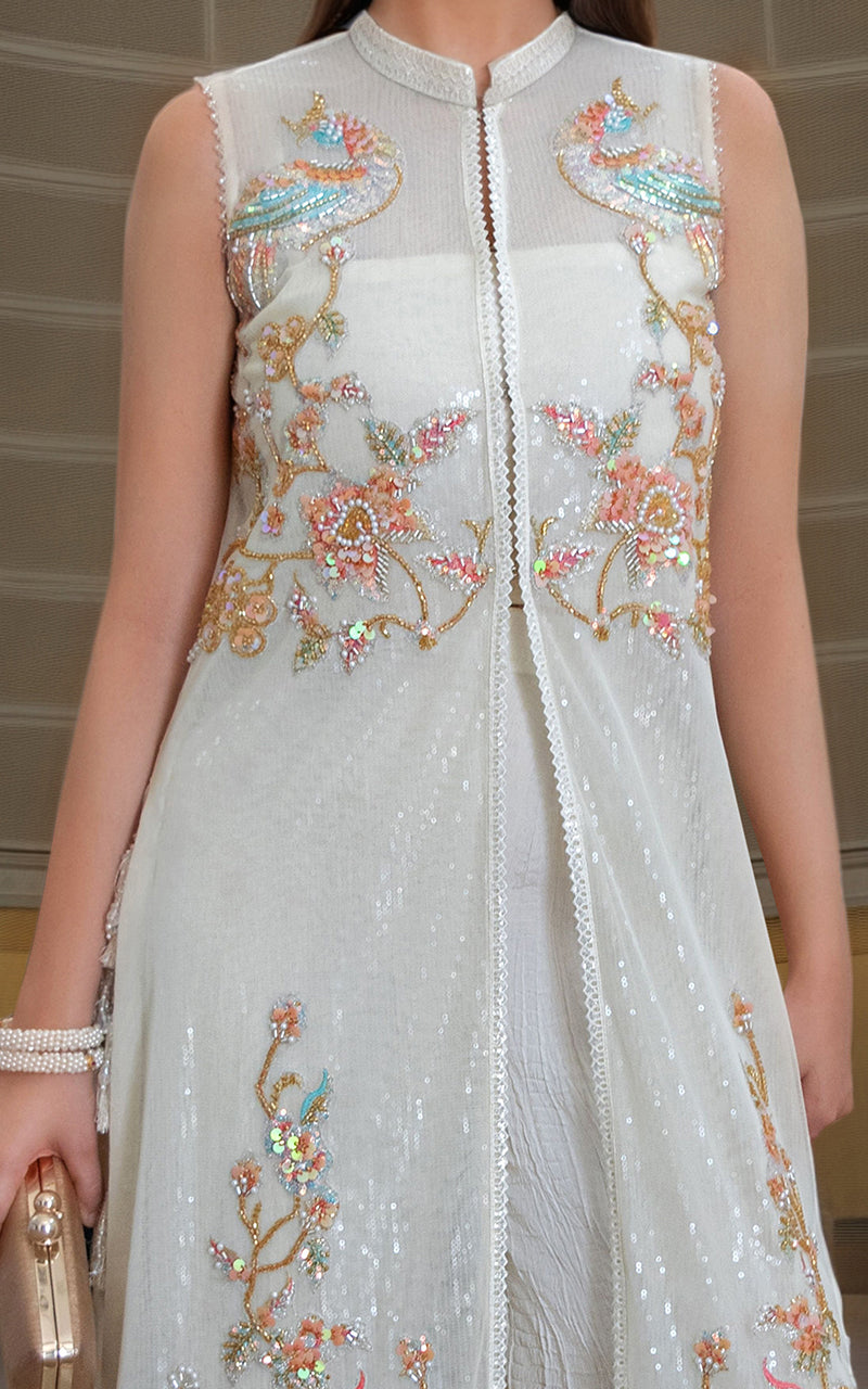 Ivory Embroidered Net Jacket with Crushed Gharara (2-Piece) - Image 4