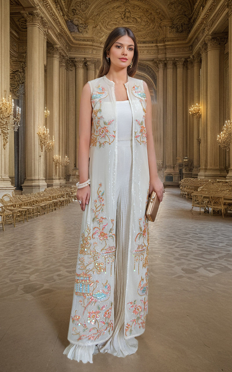 Ivory Embroidered Net Jacket with Crushed Gharara (2-Piece) - Image 5