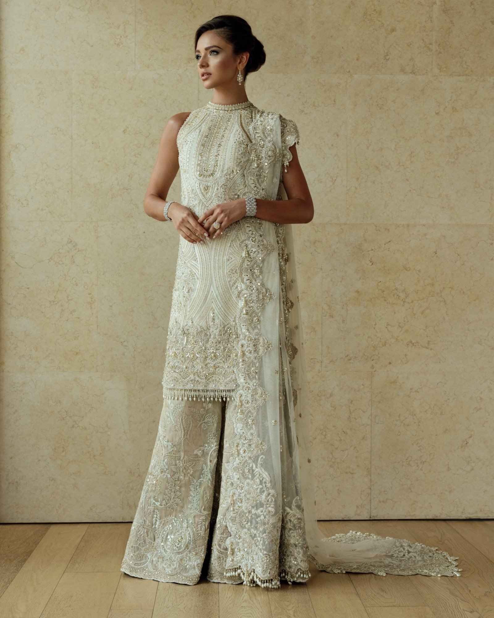 Ivory Embroidered Net Gharara Set (3-Piece) - Image 1