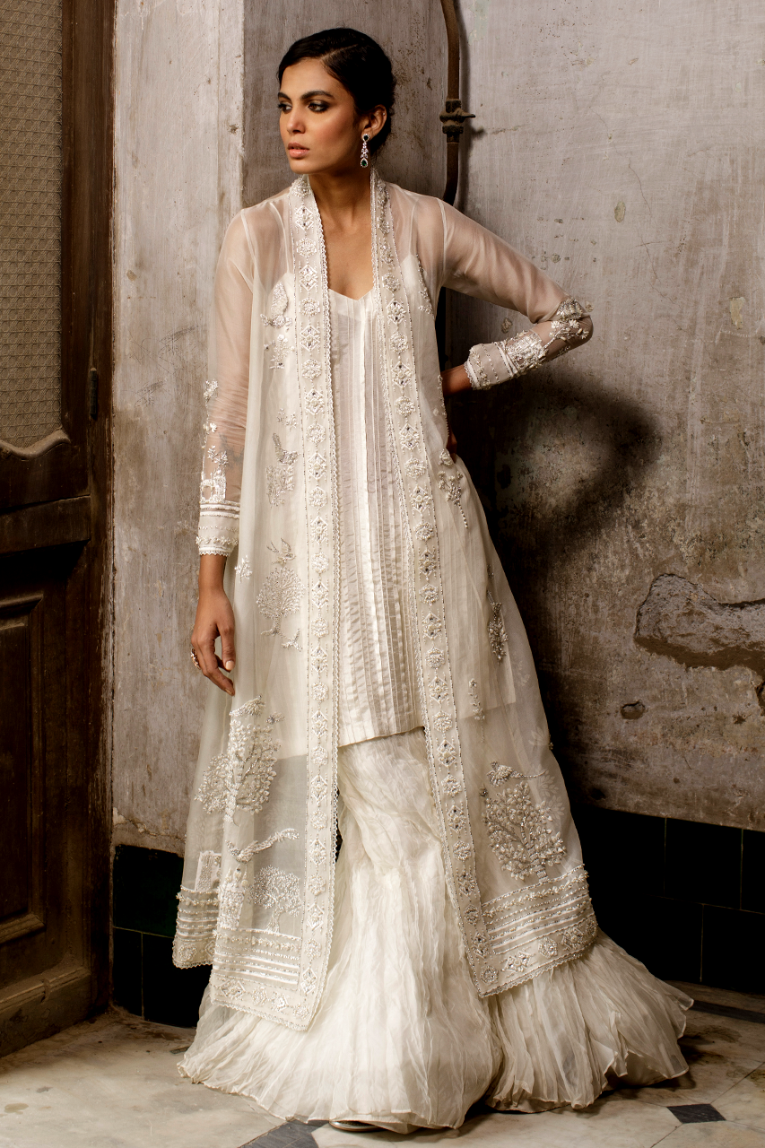 White Embroidered Tissue Chogha with Organza Gharara (2-Piece) - Image 1