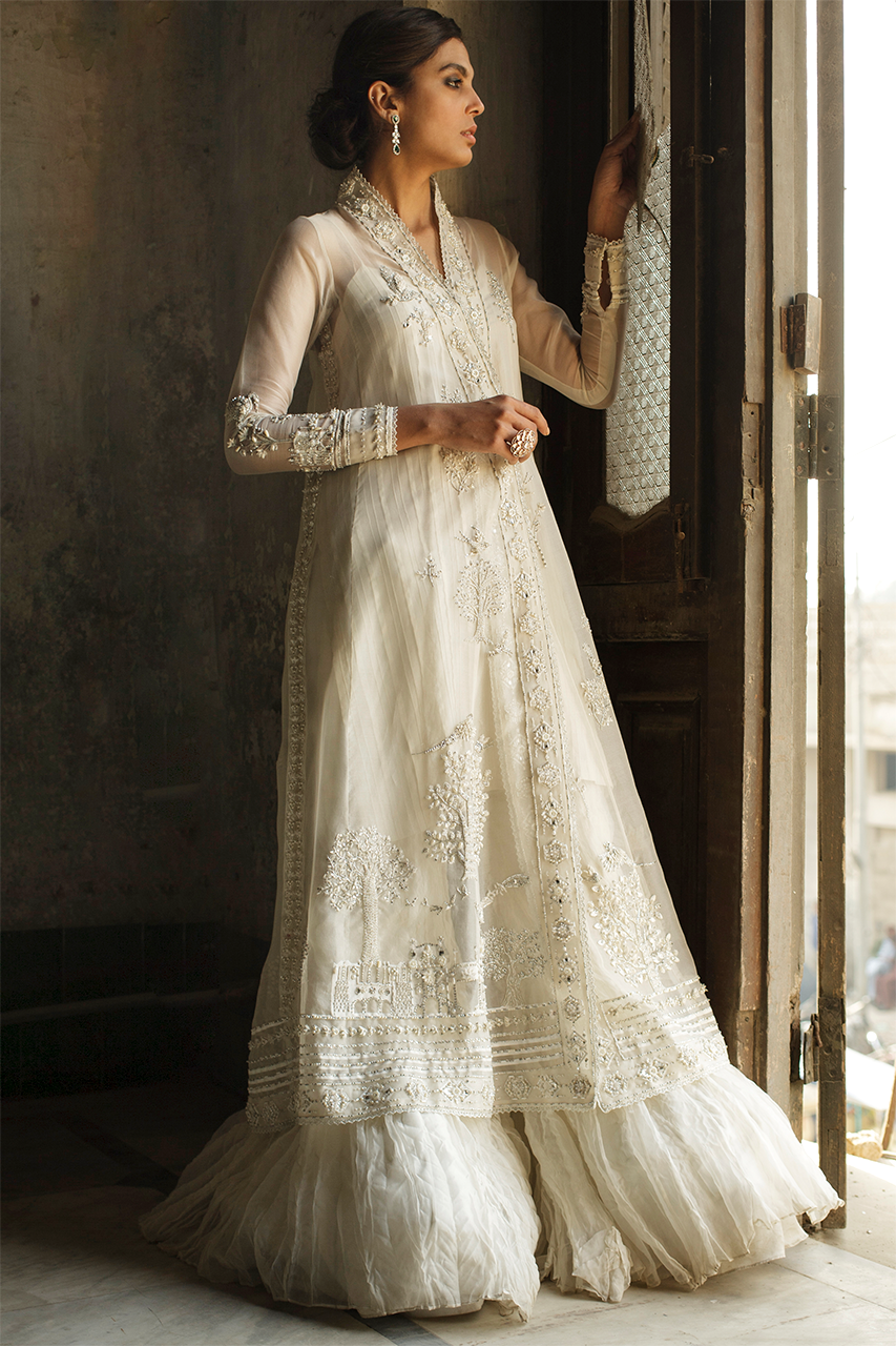 White Embroidered Tissue Chogha with Organza Gharara (2-Piece) - Image 2