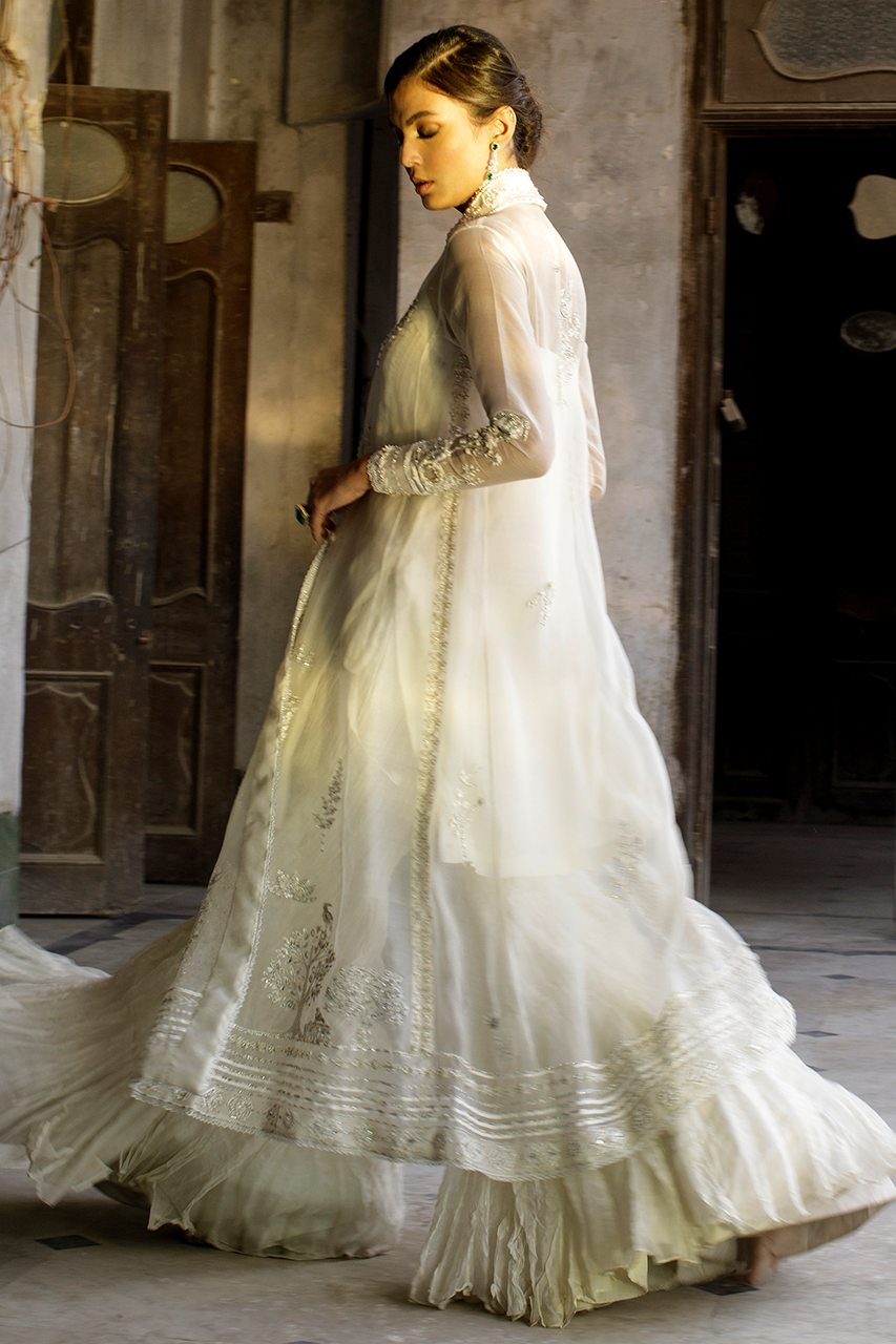 White Embroidered Tissue Chogha with Organza Gharara (2-Piece) - Image 3