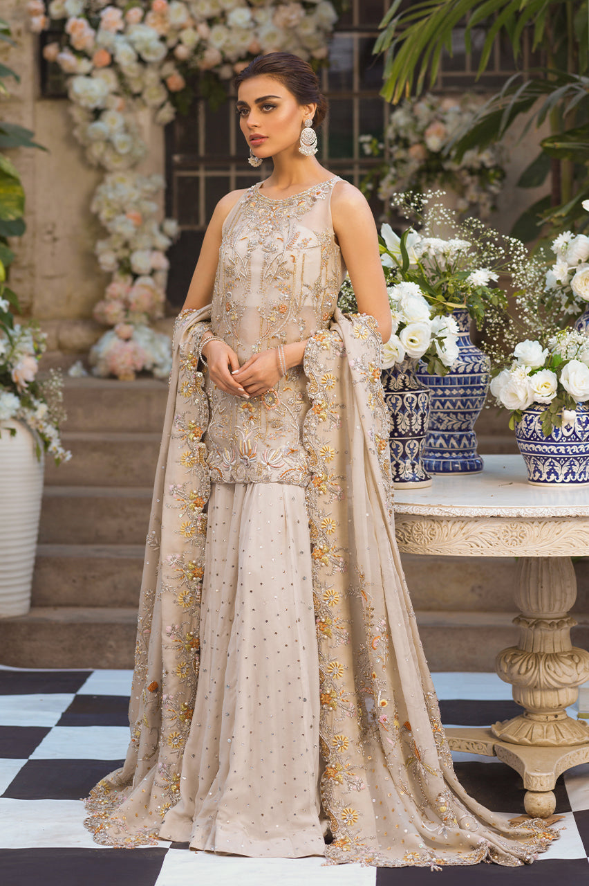 Indian Ivory Hand-Embroidered Organza & Chiffon Gharara (3-Piece) - Image 1
