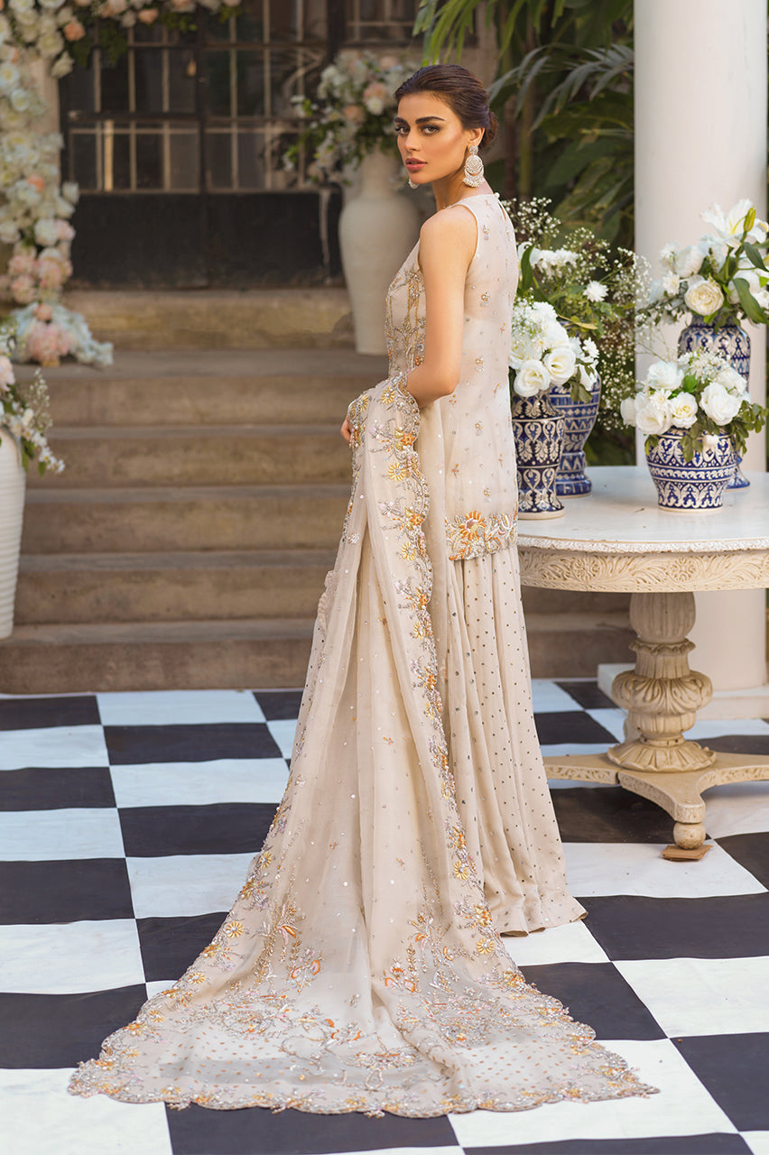 Indian Ivory Hand-Embroidered Organza & Chiffon Gharara (3-Piece) - Image 2