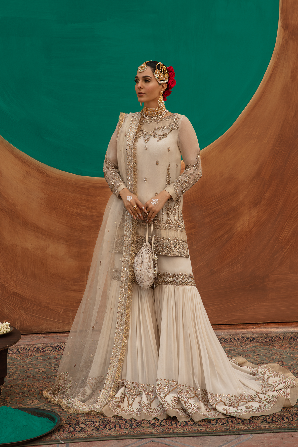 Pakistani Ivory Gold Embellished Organza Farshi Gharara (3-Piece) - Image 1