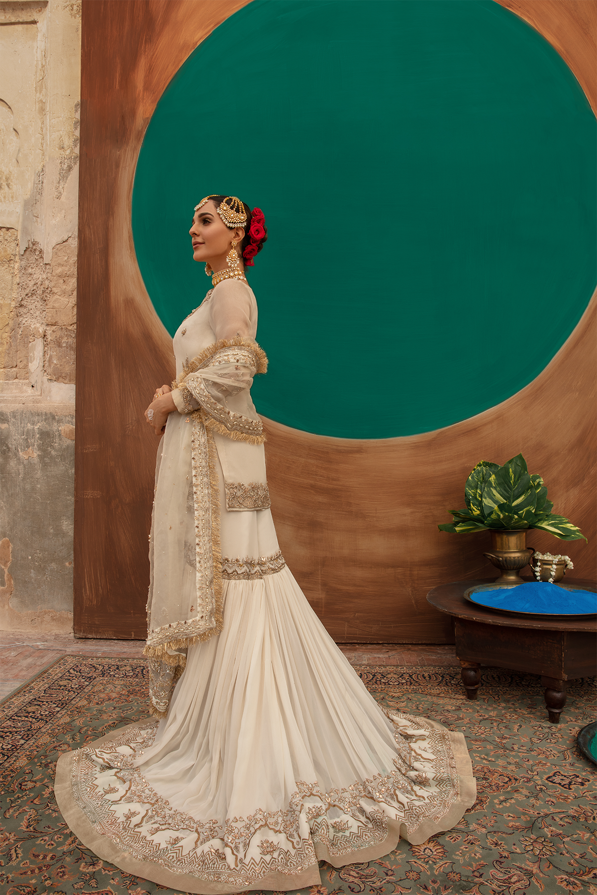 Ivory Gold Embellished Organza Gharara (3-Piece) - Image 2