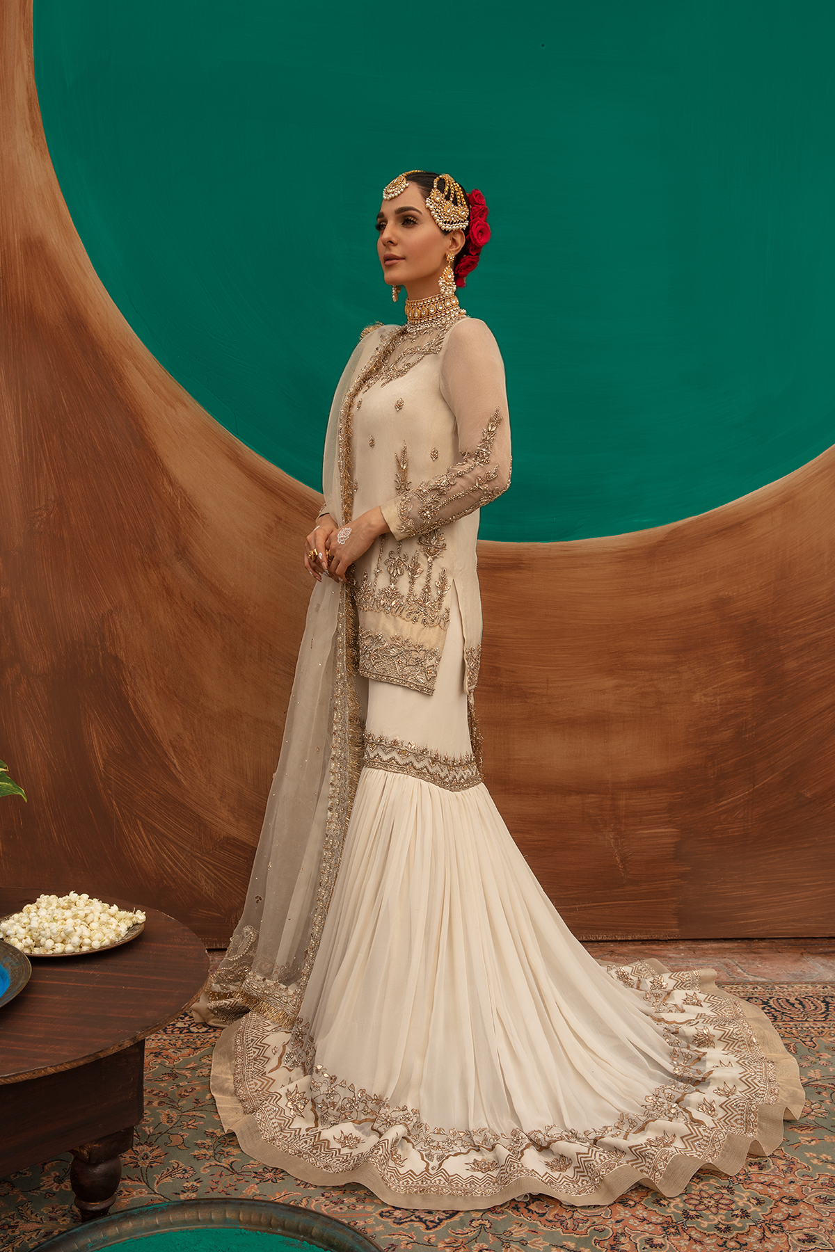 Ivory Gold Embellished Organza Gharara (3-Piece) - Image 3