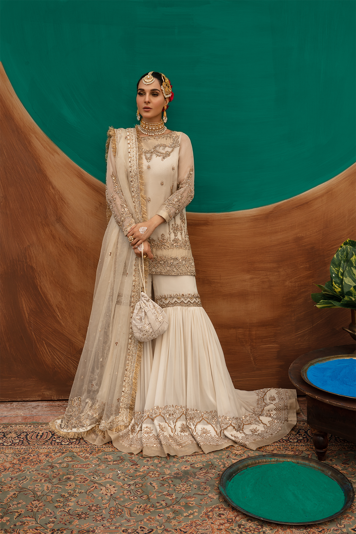 Ivory Gold Embellished Organza Gharara (3-Piece) - Image 4