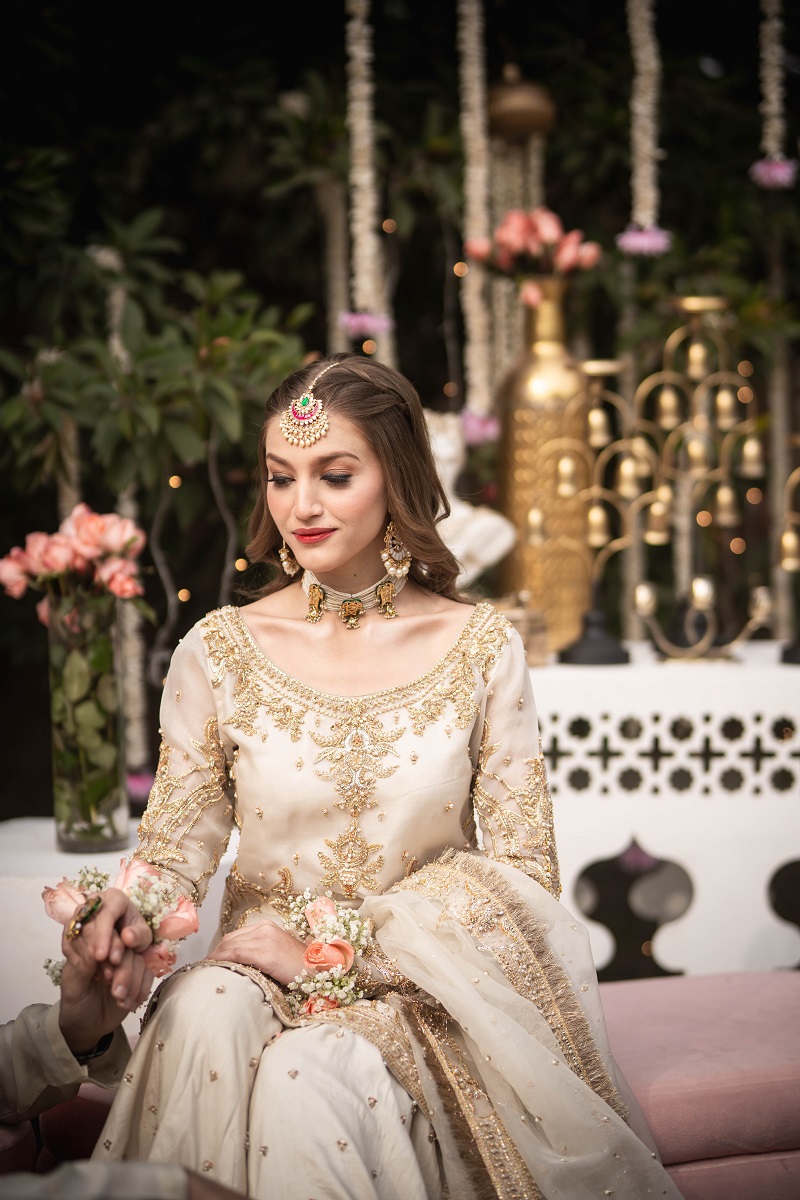 Ivory Gold Embroidered Organza Gharara (3-Piece) - Image 2