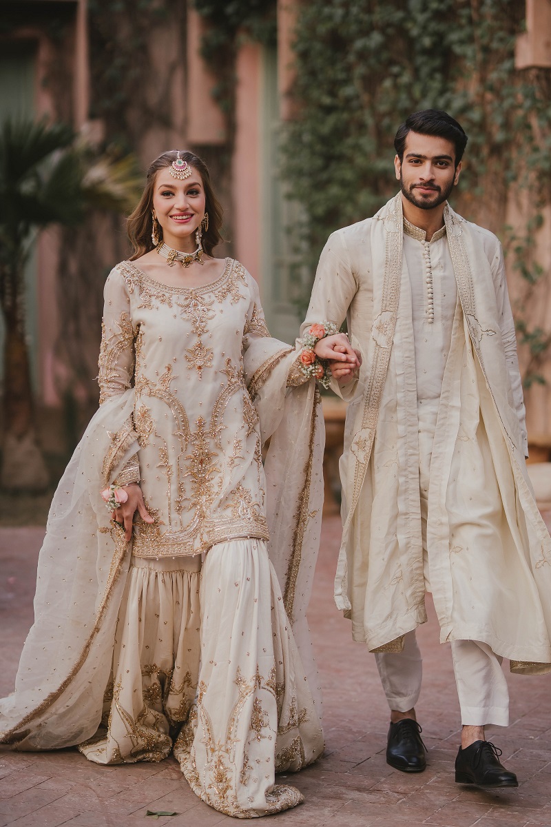 Ivory Gold Embroidered Organza Gharara (3-Piece) - Image 4