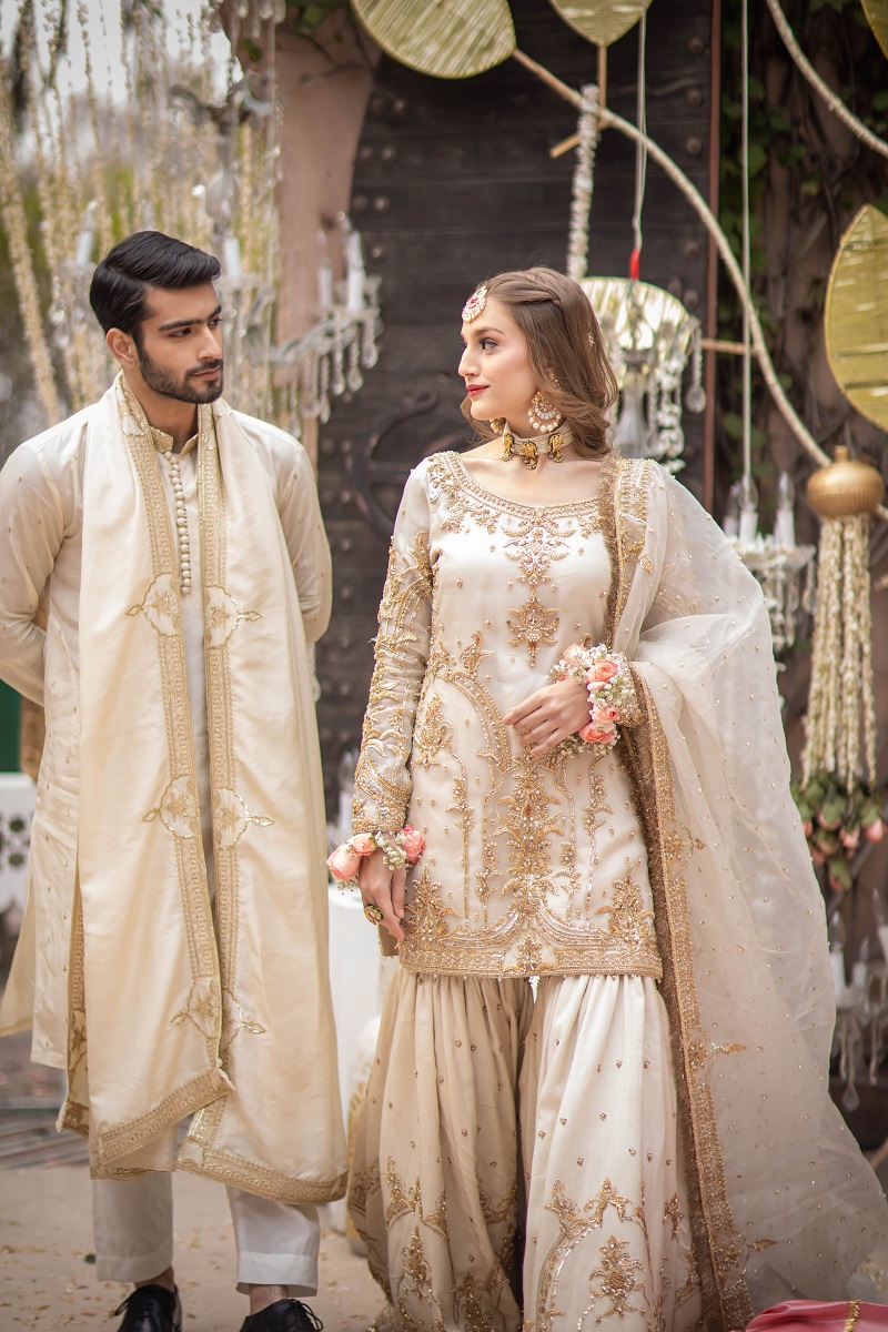 Ivory Gold Embroidered Organza Gharara (3-Piece) - Image 7