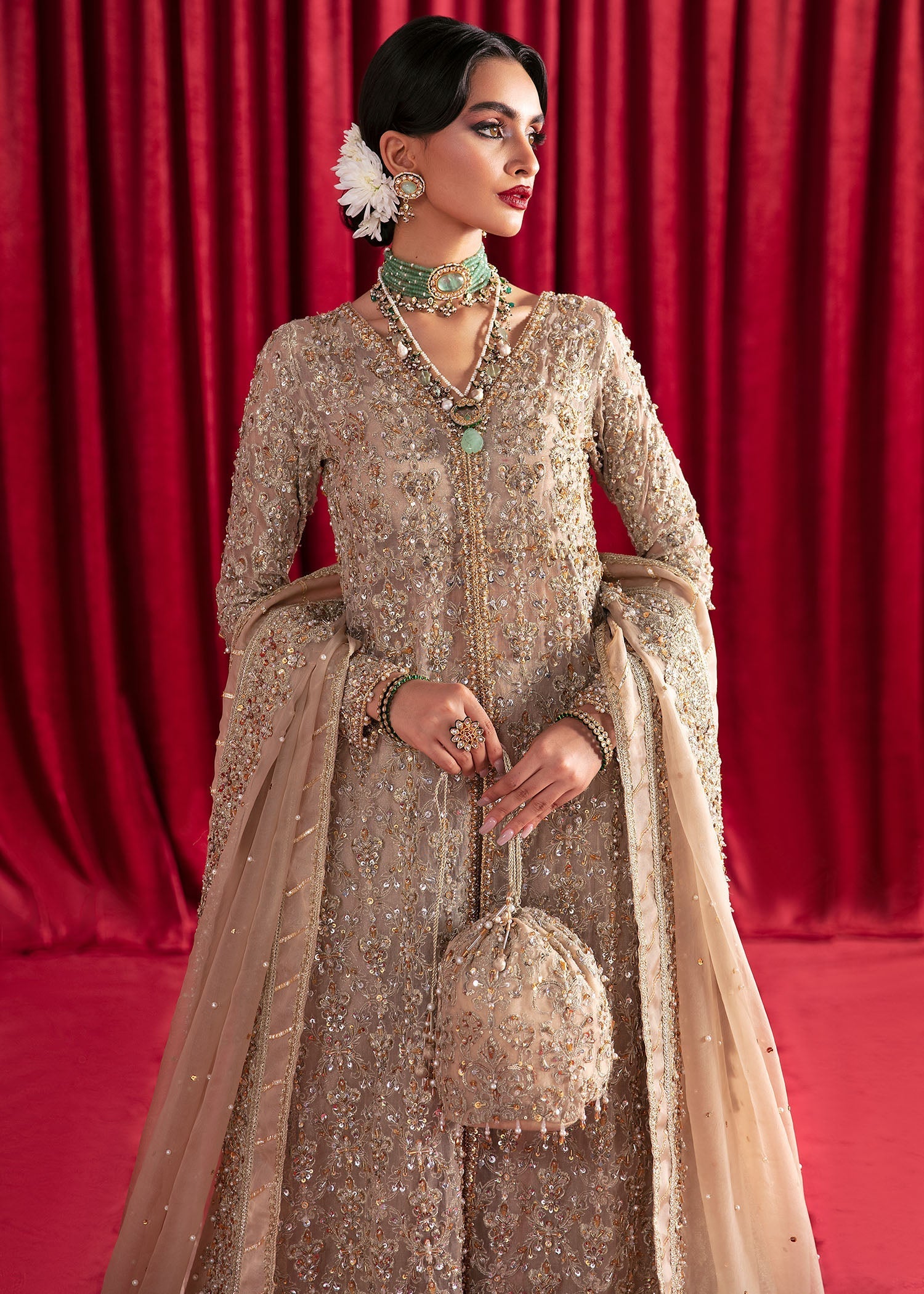 Pakistani Nude Embellished Organza Jamavar Farshi Gharara (3-Piece) - Image 2