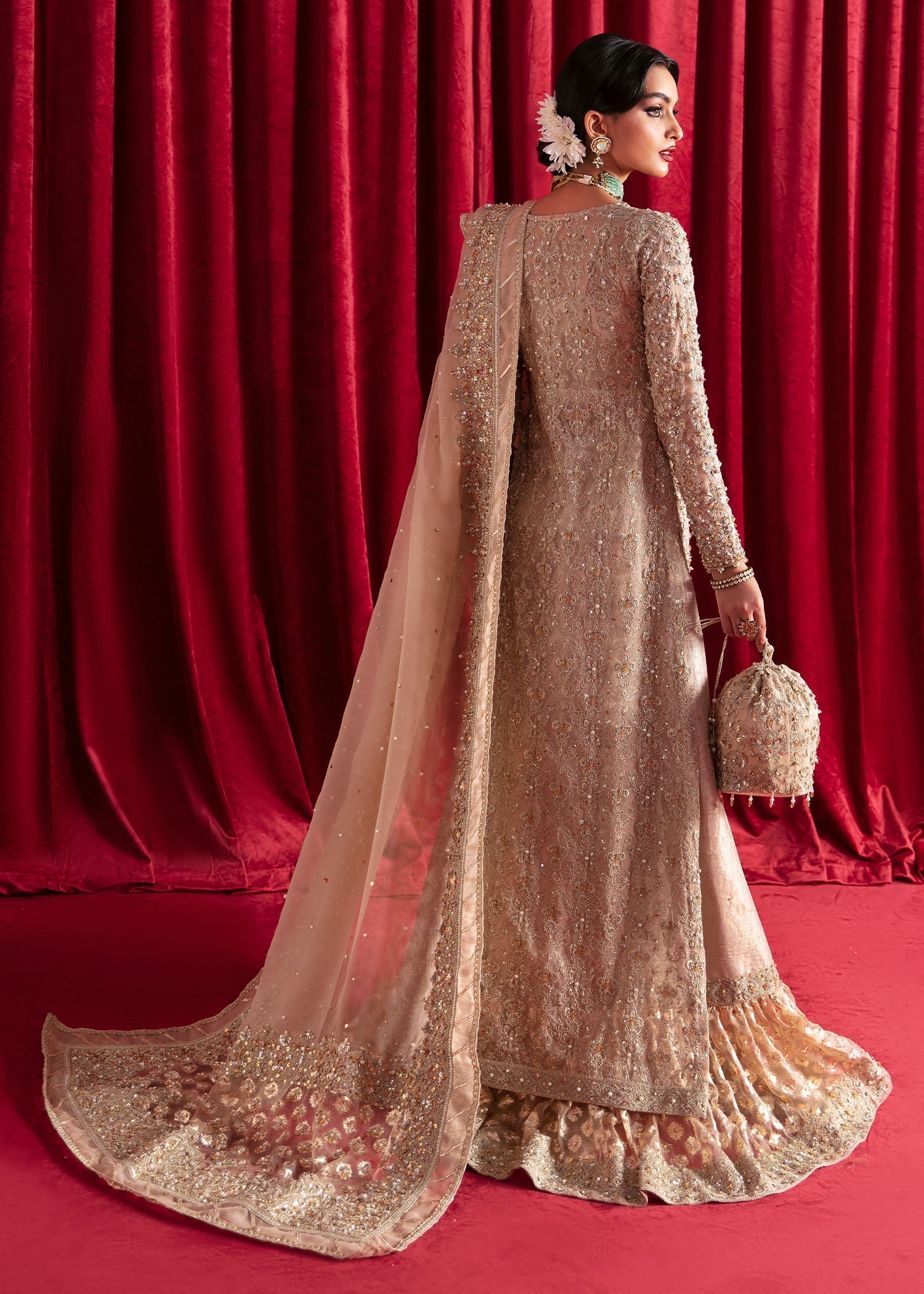 Pakistani Nude Embellished Organza Jamavar Farshi Gharara (3-Piece) - Image 5