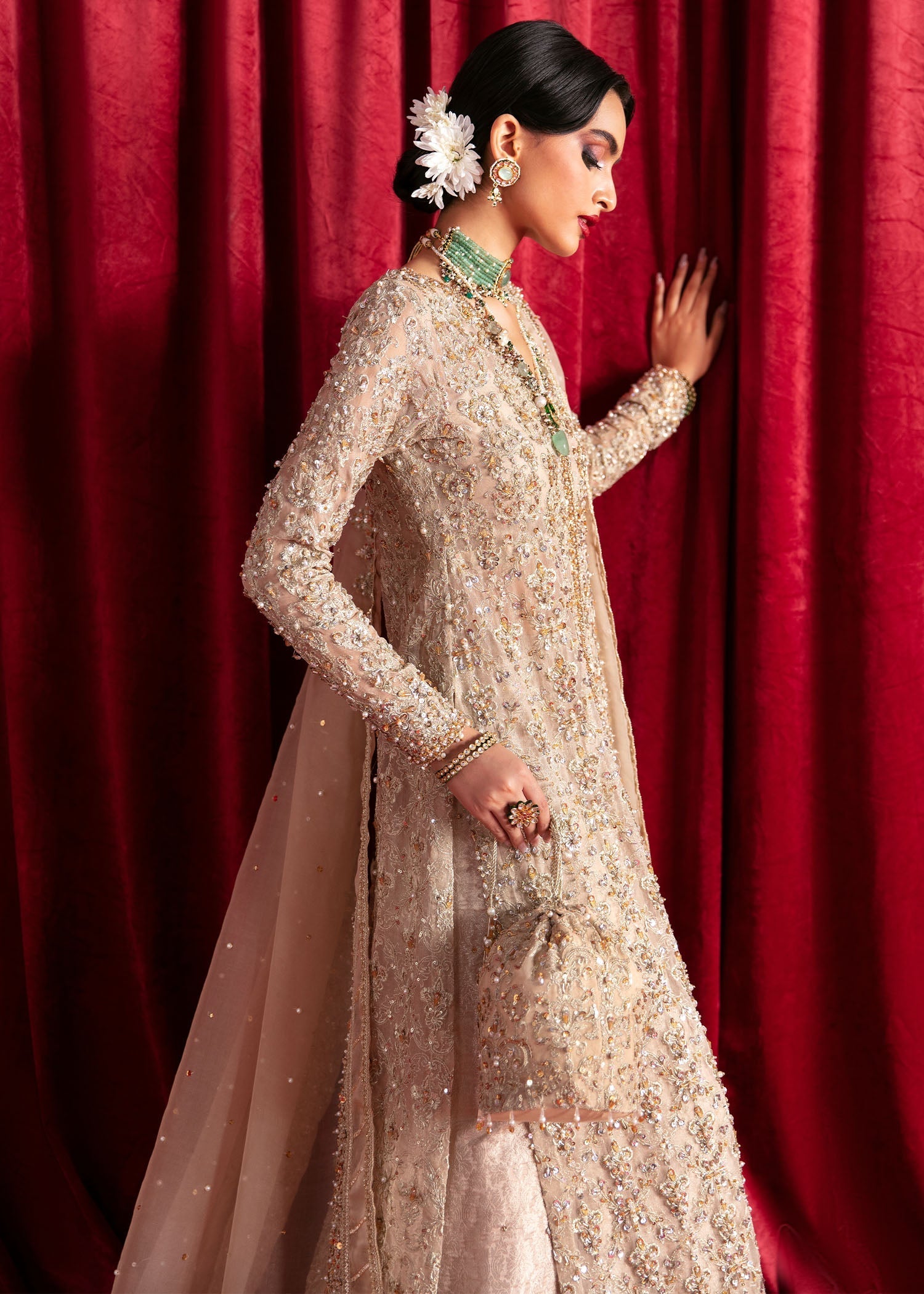 Pakistani Nude Embellished Organza Jamavar Farshi Gharara (3-Piece) - Image 6