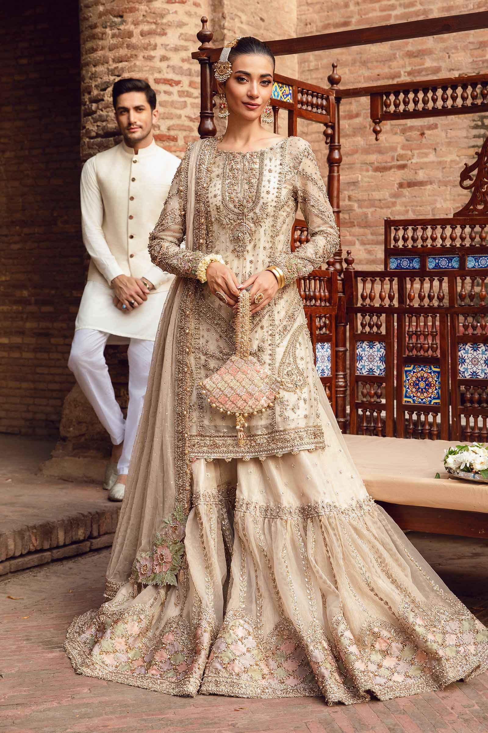 Pakistani Ivory Kundan Mukesh Organza Gharara (3-Piece) - Image 1