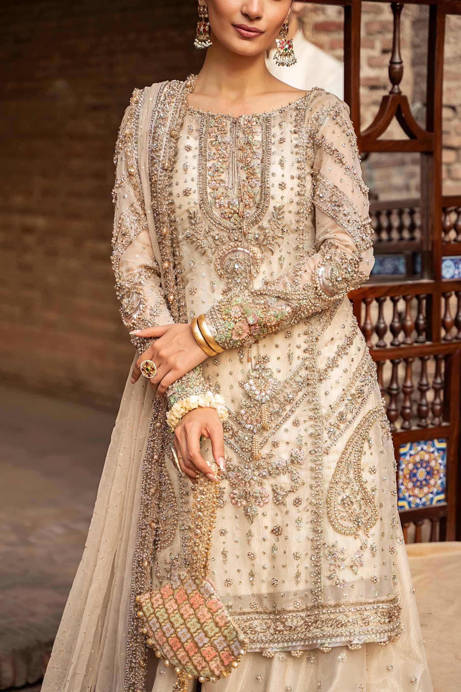 Pakistani Ivory Kundan Mukesh Organza Gharara (3-Piece) - Image 4