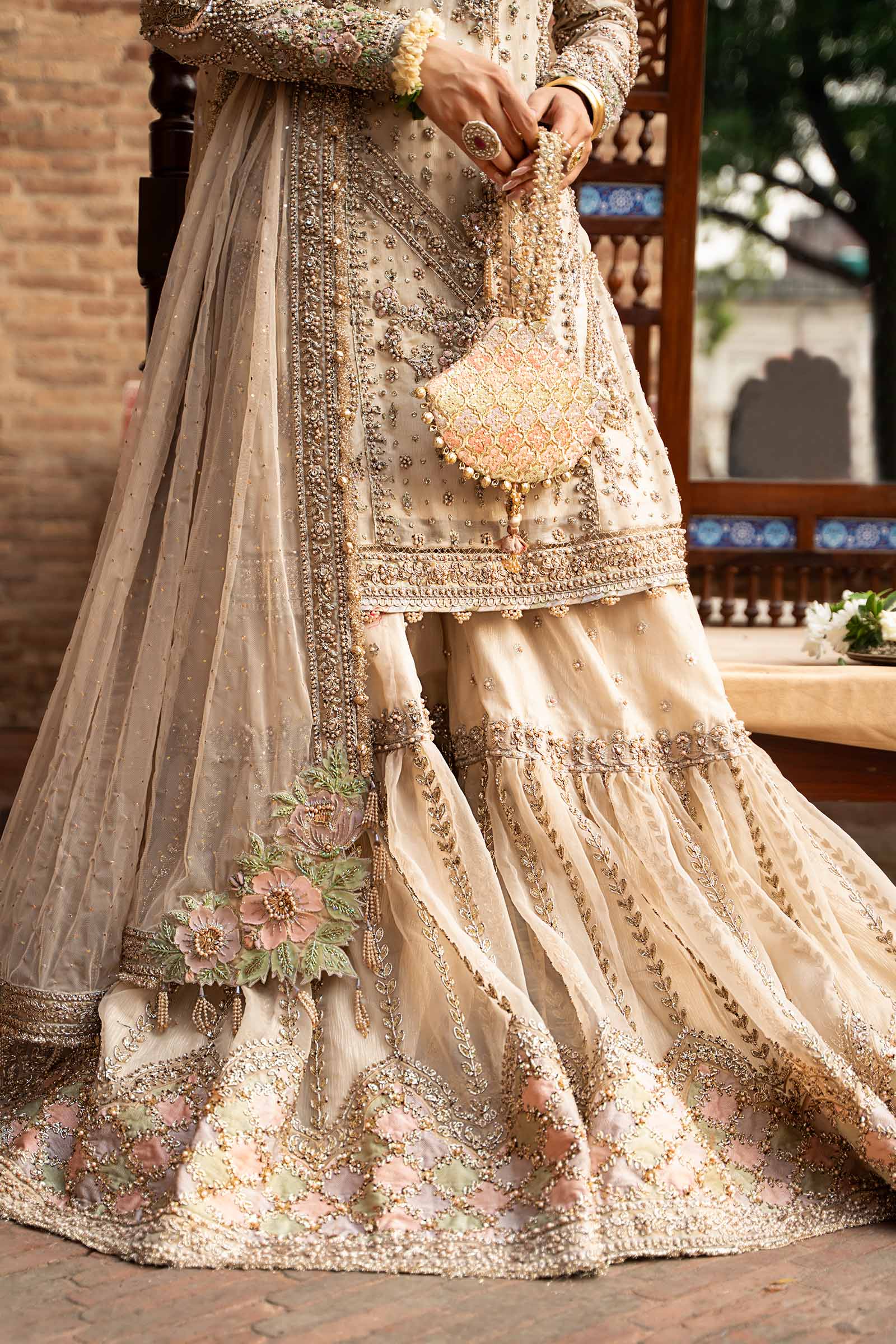 Pakistani Ivory Kundan Mukesh Organza Gharara (3-Piece) - Image 5