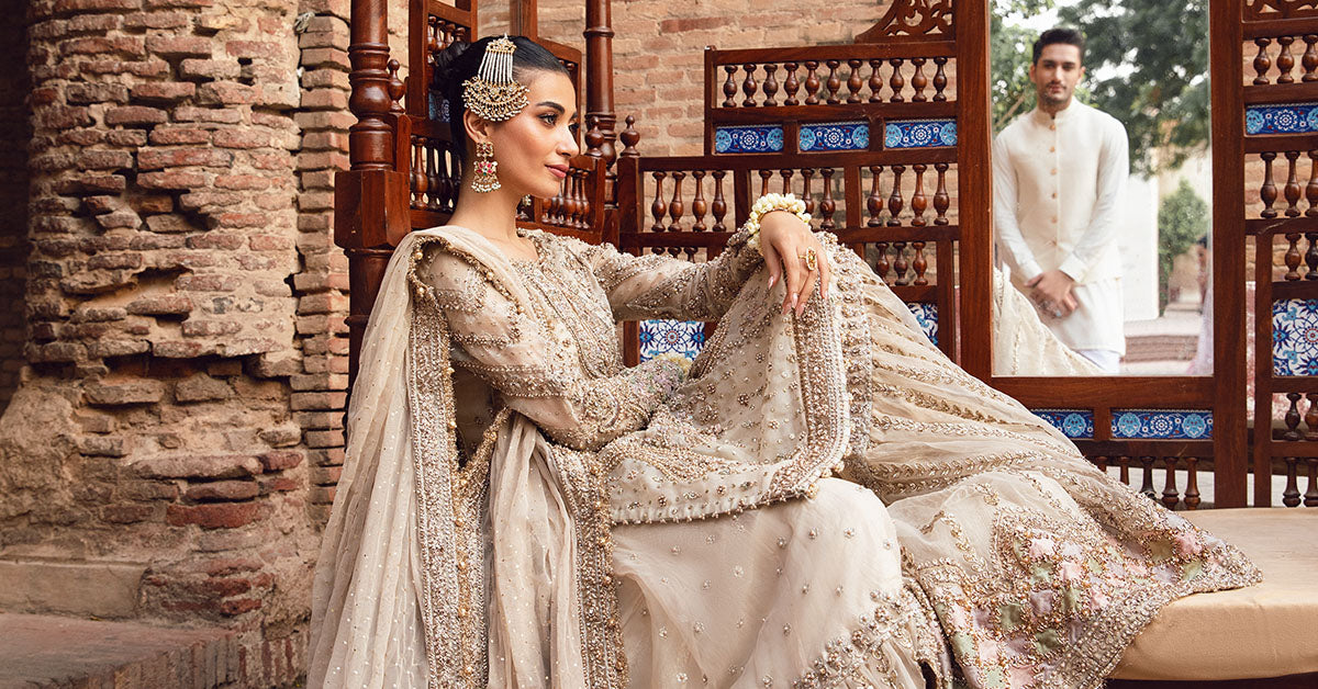 Pakistani Ivory Kundan Mukesh Organza Gharara (3-Piece) - Image 8