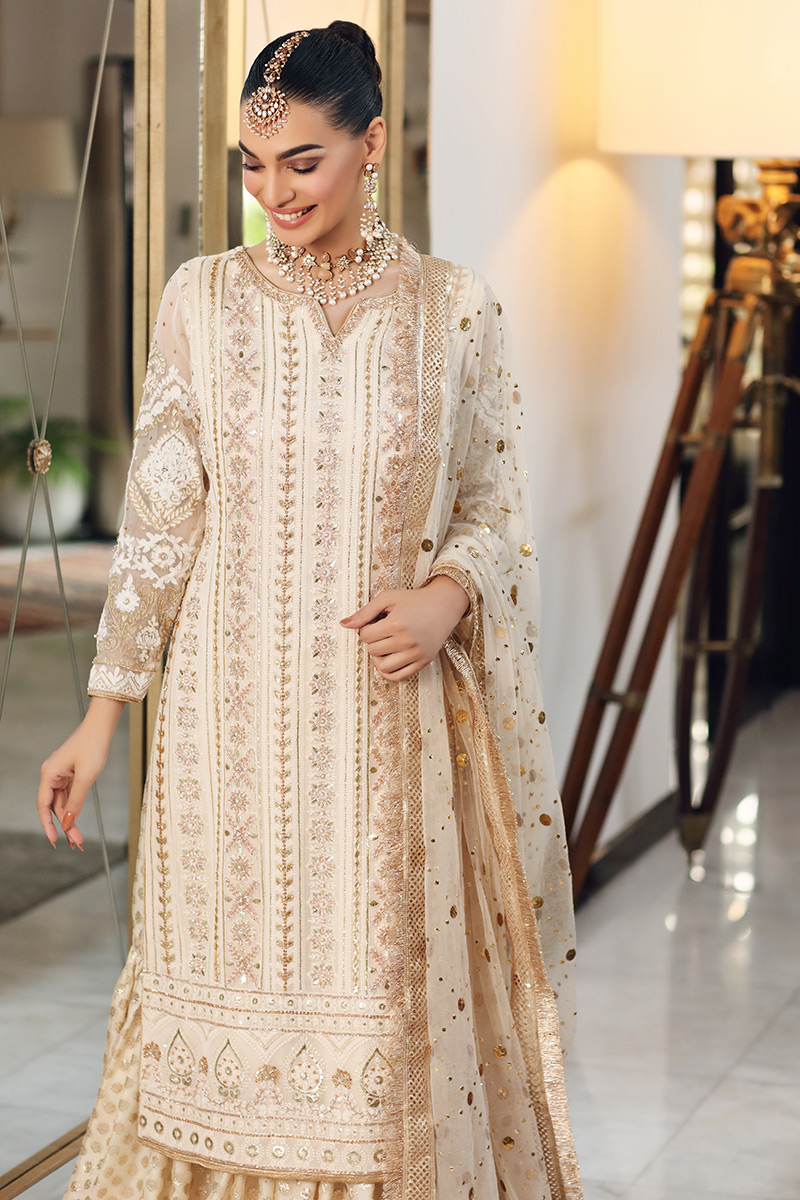 Off-White Chikankari Organza Gharara Set (3-Piece) - Image 2
