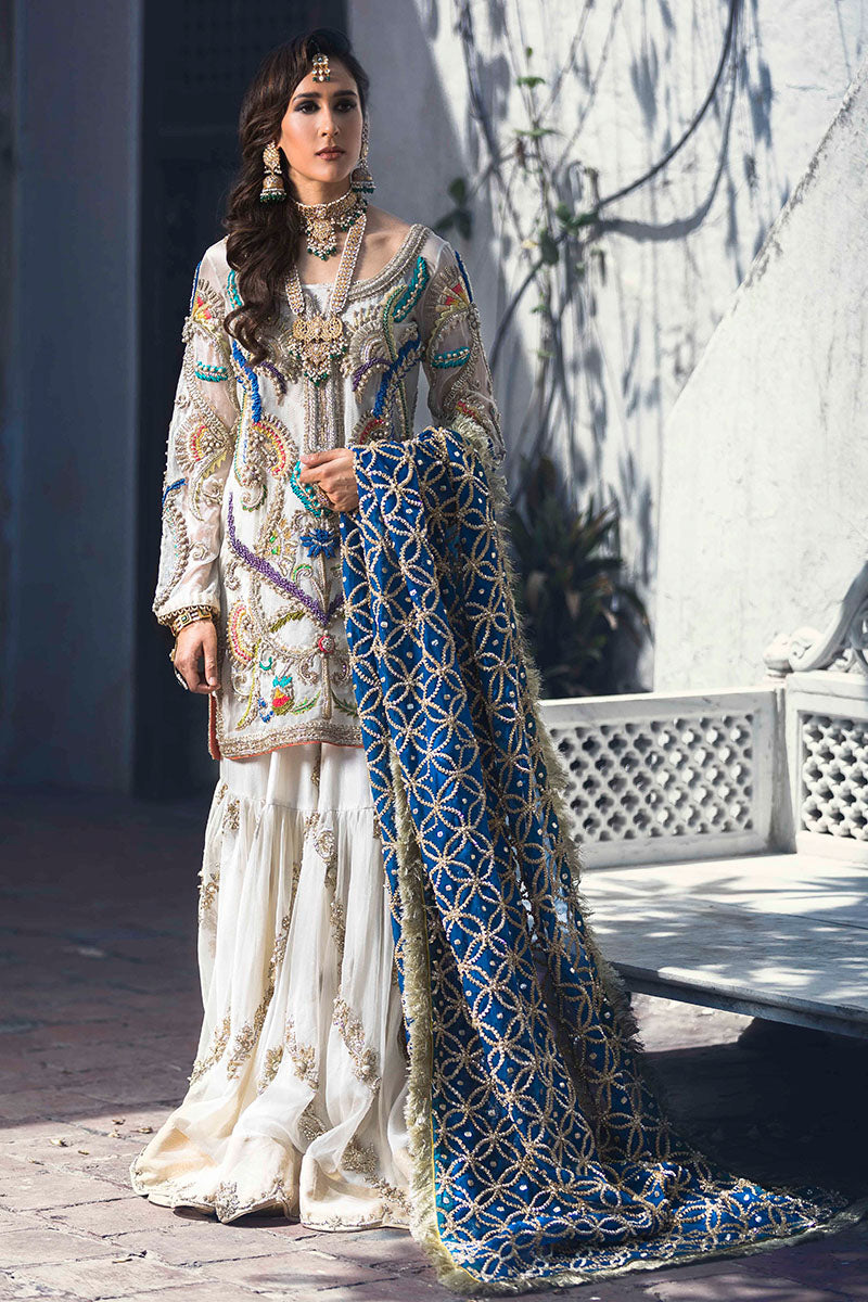 Ivory & Sailor Blue Embroidered Organza Gharara (4-Piece) - Image 1