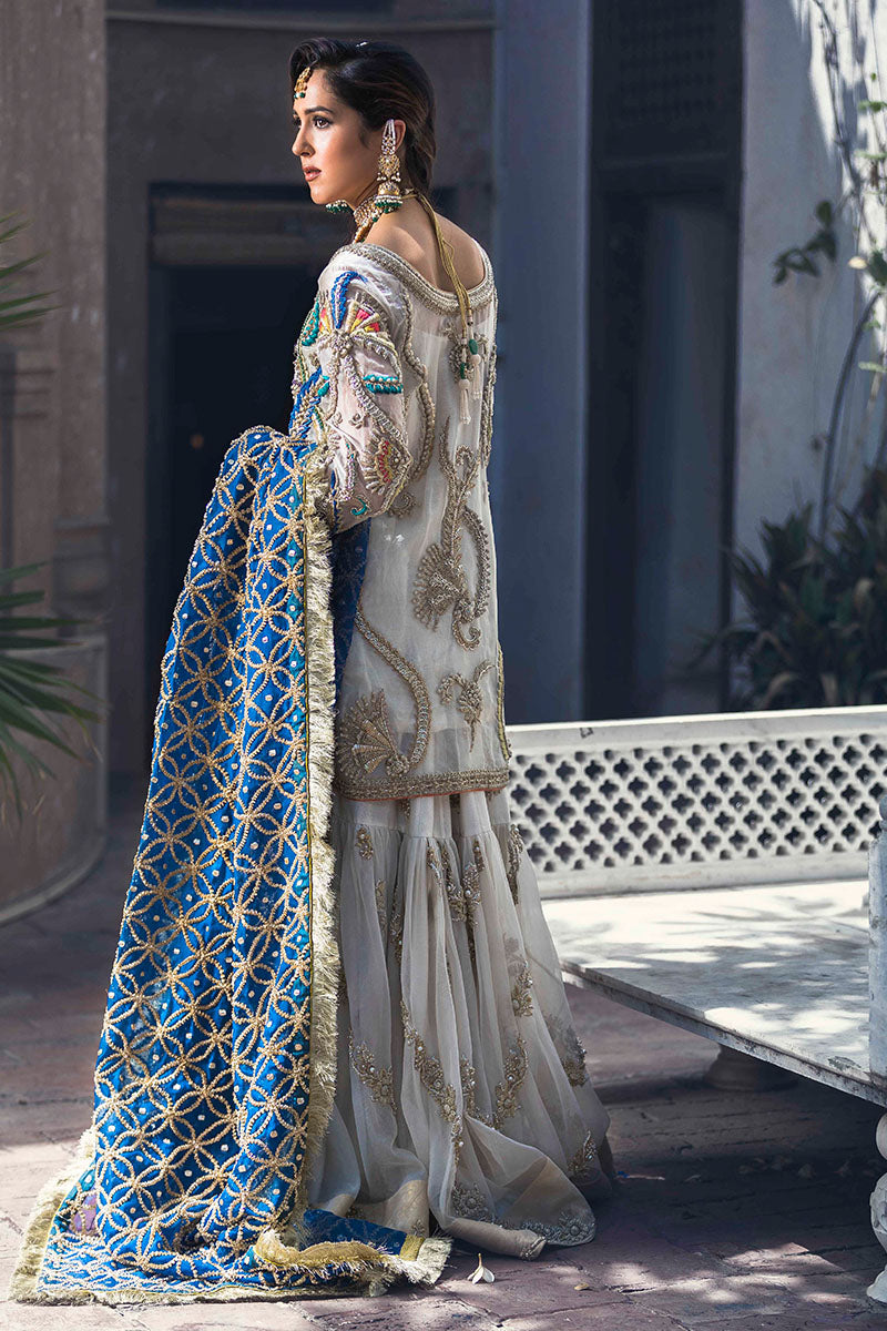 Ivory & Sailor Blue Embroidered Organza Gharara (4-Piece) - Image 3