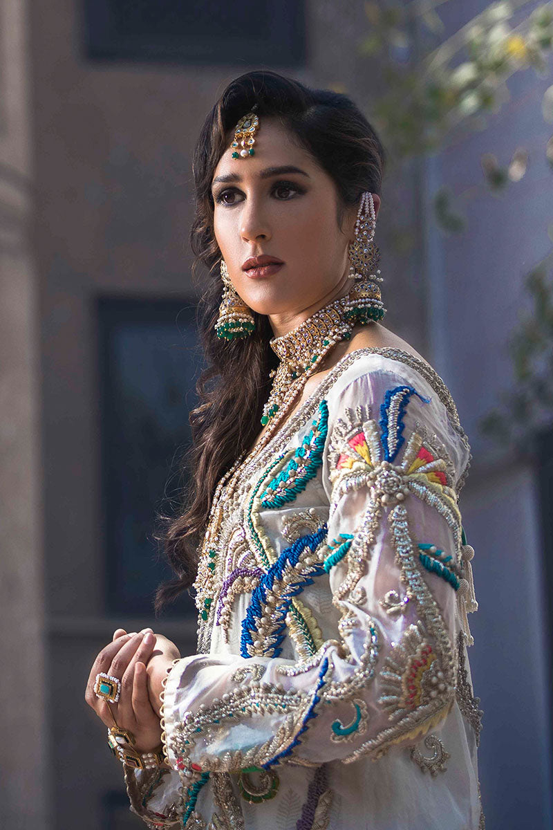 Ivory & Sailor Blue Embroidered Organza Gharara (4-Piece) - Image 5