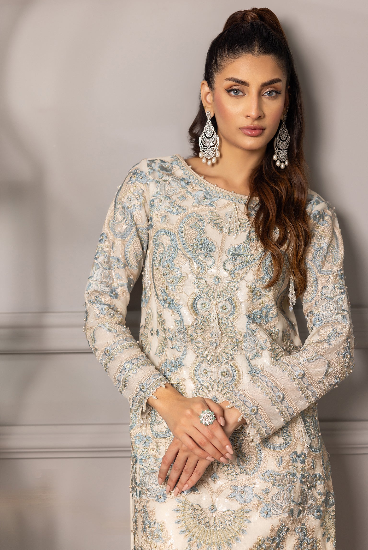 Ivory and Powder Blue Embroidered Net Organza Gharara (2-Piece) - Image 2