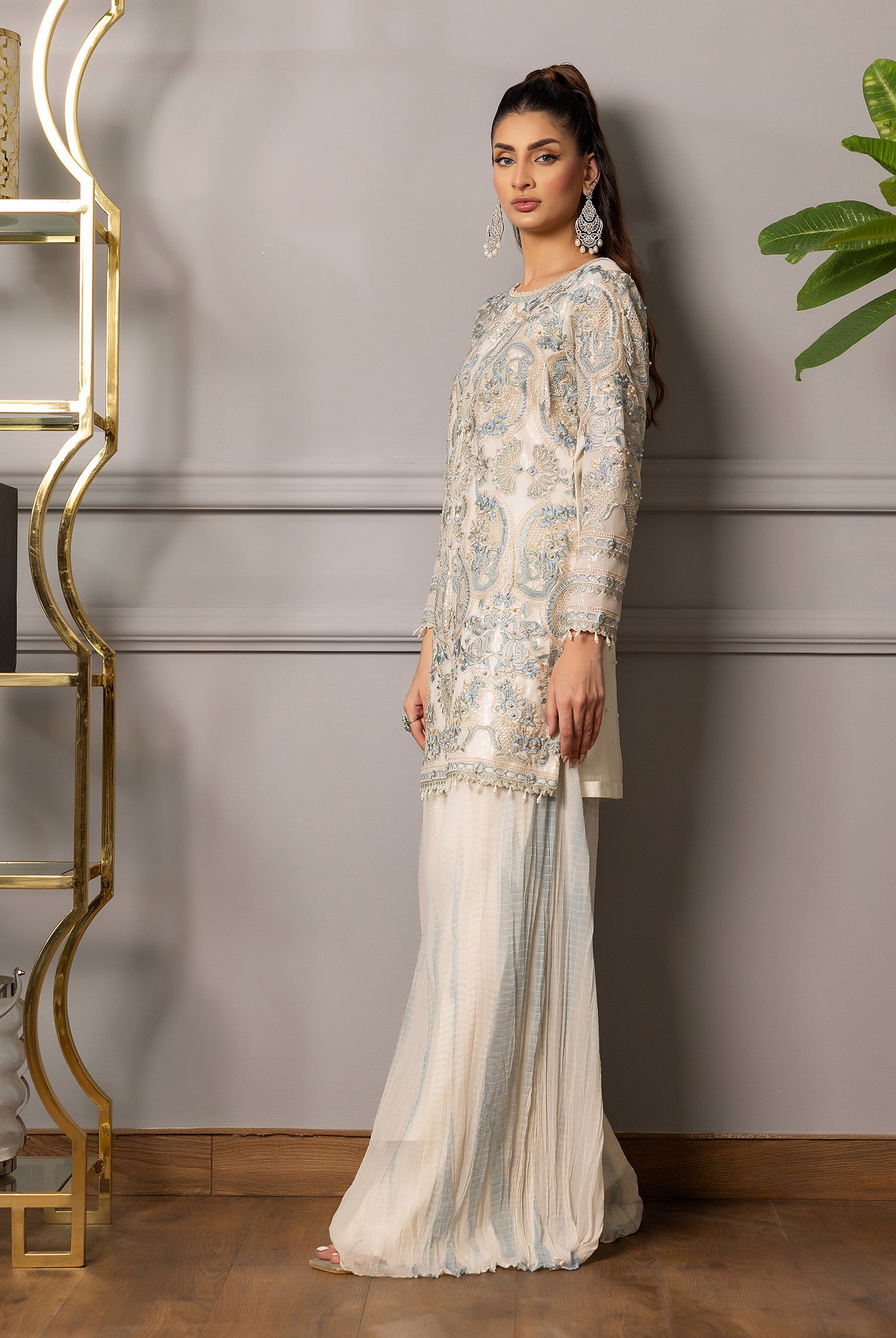 Ivory and Powder Blue Embroidered Net Organza Gharara (2-Piece) - Image 3