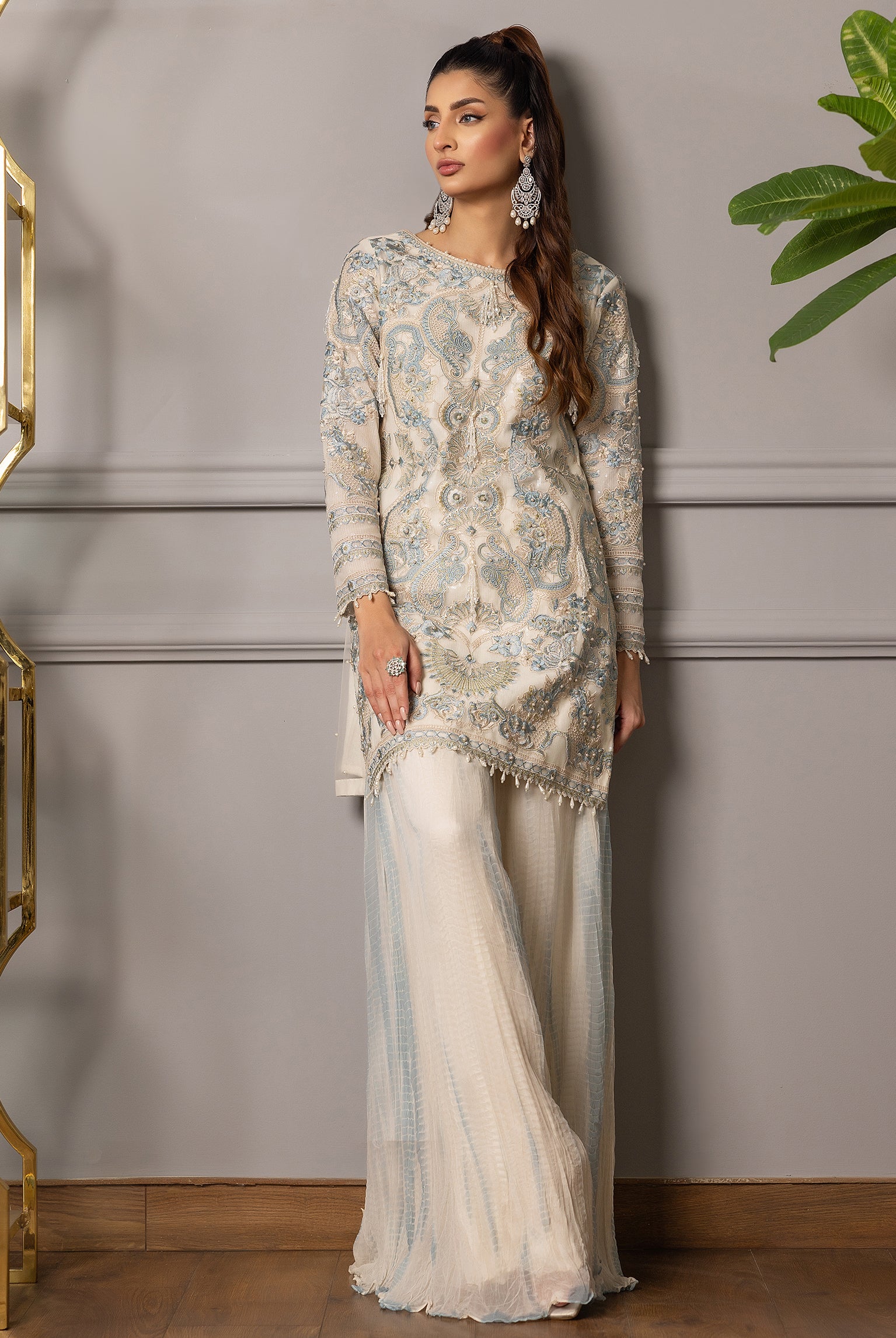 Ivory and Powder Blue Embroidered Net Organza Gharara (2-Piece) - Image 6
