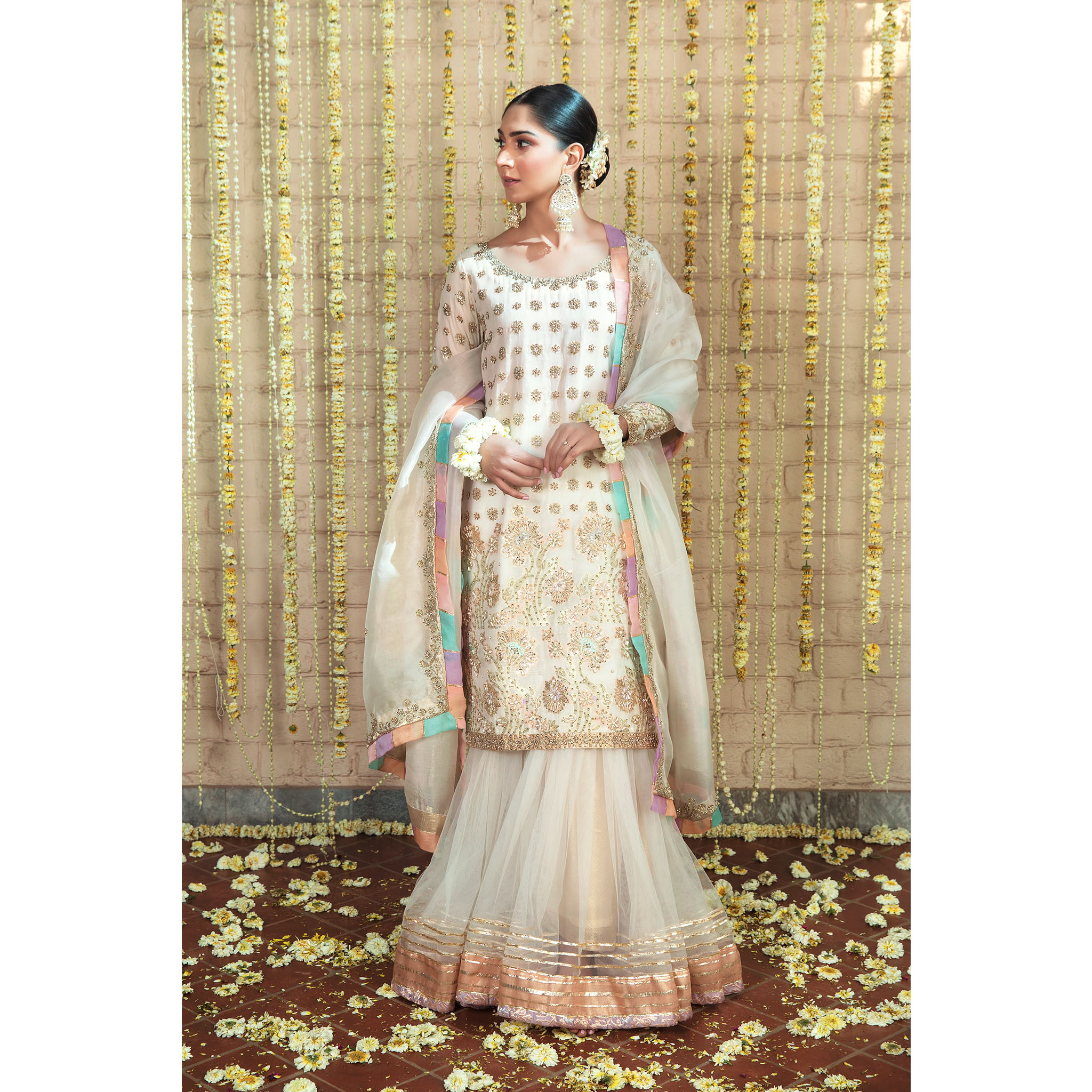 Pakistani Ivory Hand-Embellished Pure Tissue Gharara (3-Piece) - Image 1