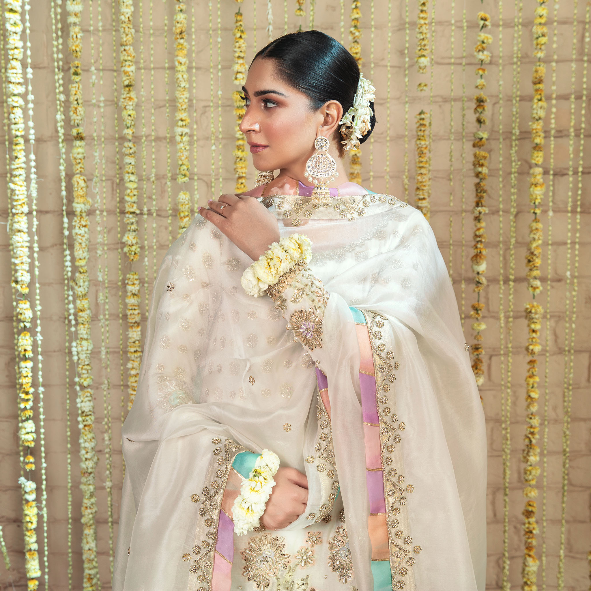 Pakistani Ivory Hand-Embellished Pure Tissue Gharara (3-Piece) - Image 2