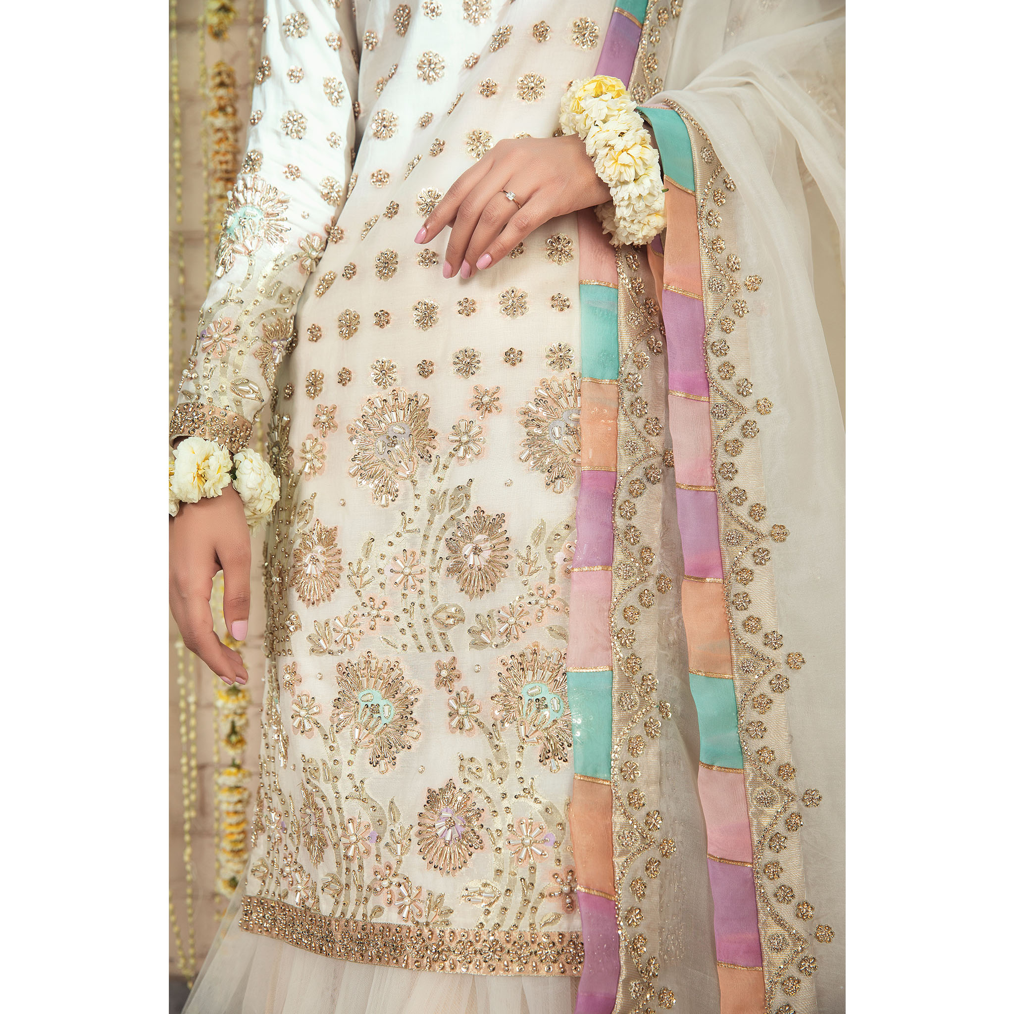 Pakistani Ivory Hand-Embellished Pure Tissue Gharara (3-Piece) - Image 4