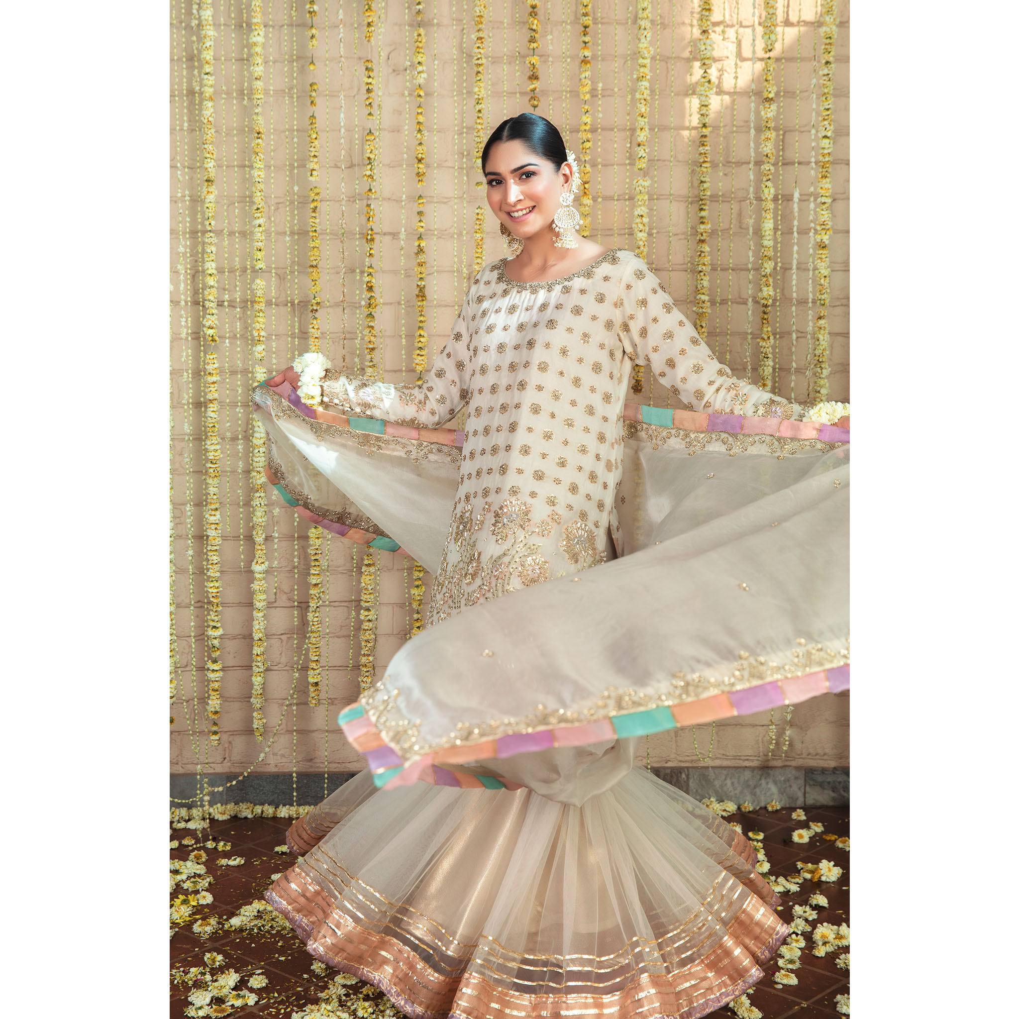 Pakistani Ivory Hand-Embellished Pure Tissue Gharara (3-Piece) - Image 5