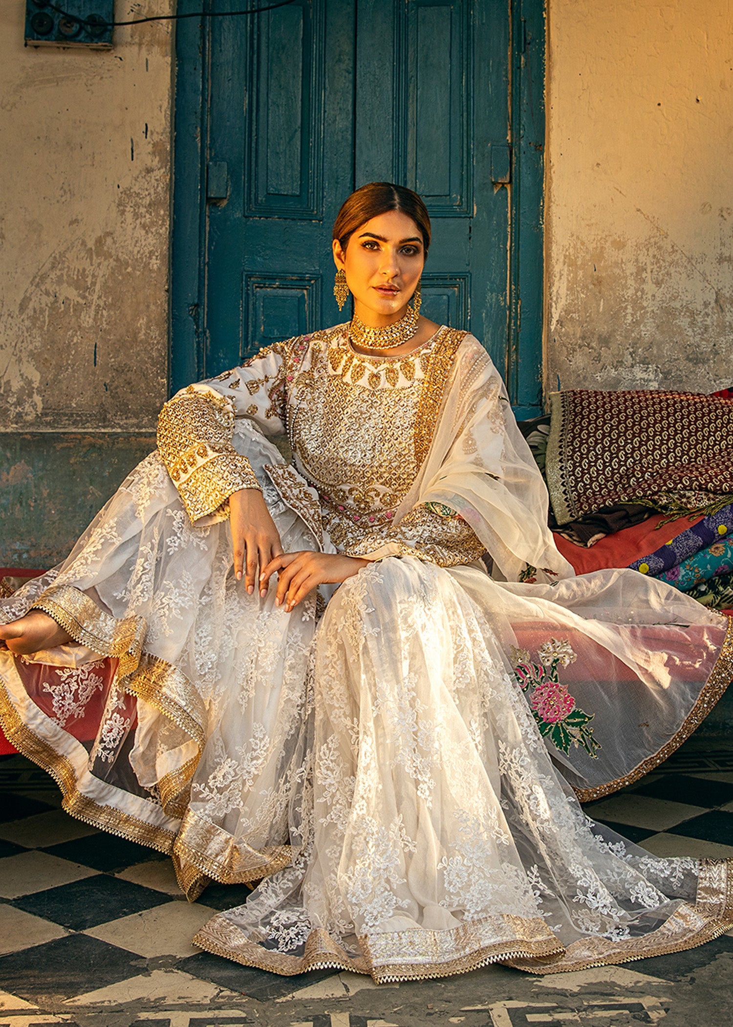 Pakistani Pearl White Aari Embroidered Raw Silk Gharara (3-Piece) - Image 1