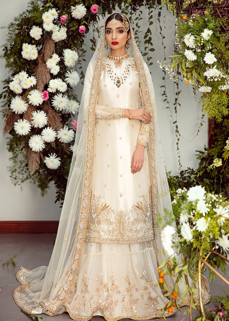 Pakistani Ivory Embroidered Net & Raw Silk Bridal Gharara (3-Piece) - Image 1