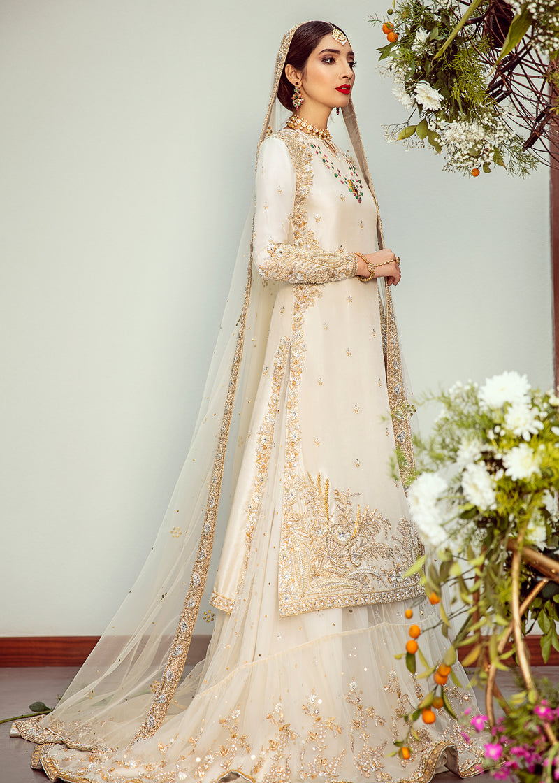 Pakistani Ivory Embroidered Net & Raw Silk Bridal Gharara (3-Piece) - Image 2