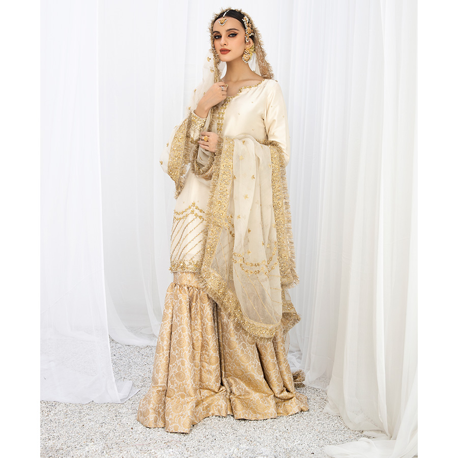 Pakistani Ivory Embroidered Raw Silk Shirt with Kimkhwaab Gharara (3-Piece) - Image 1