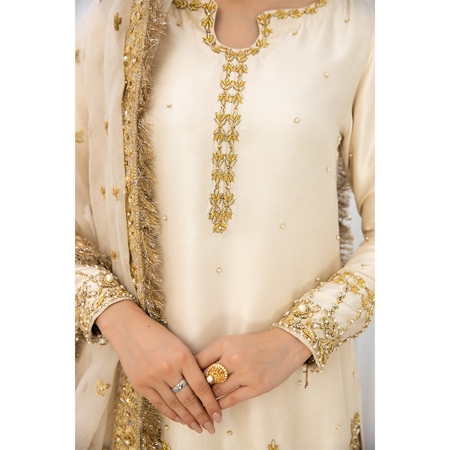 Pakistani Ivory Embroidered Raw Silk Shirt with Kimkhwaab Gharara (3-Piece) - Image 2