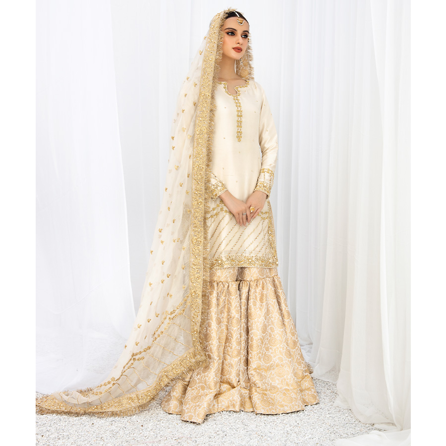 Pakistani Ivory Embroidered Raw Silk Shirt with Kimkhwaab Gharara (3-Piece) - Image 3