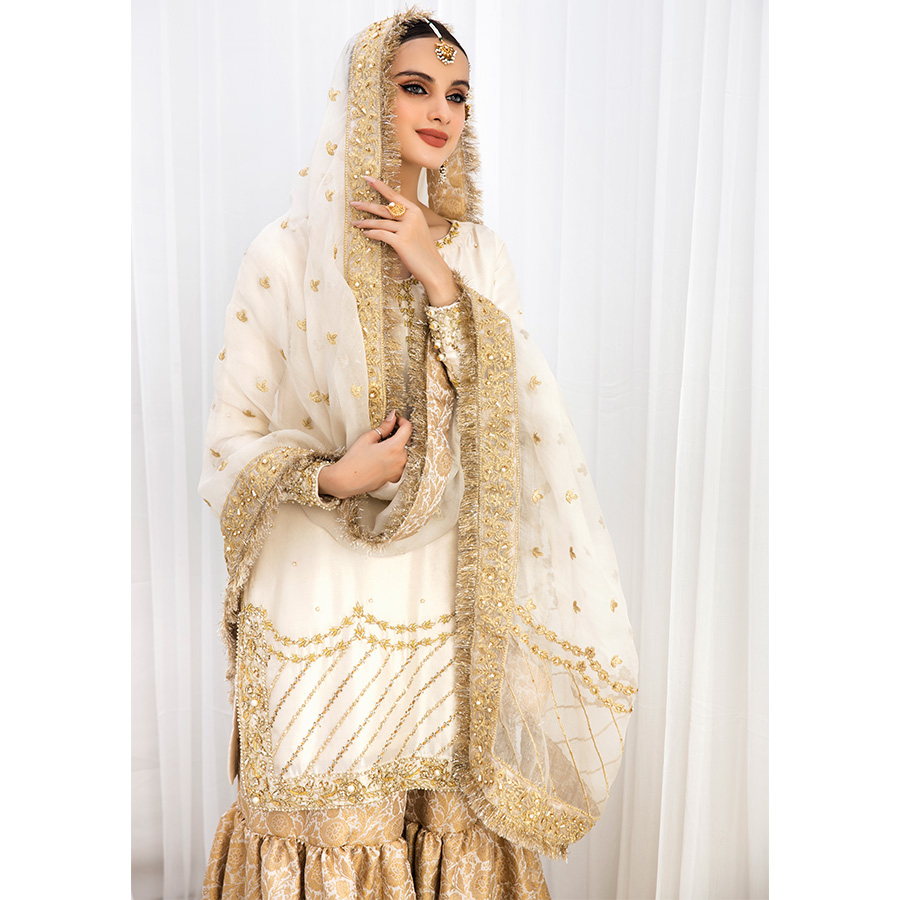 Pakistani Ivory Embroidered Raw Silk Shirt with Kimkhwaab Gharara (3-Piece) - Image 4