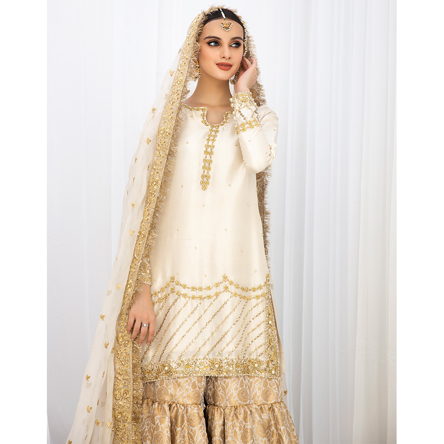 Pakistani Ivory Embroidered Raw Silk Shirt with Kimkhwaab Gharara (3-Piece) - Image 5