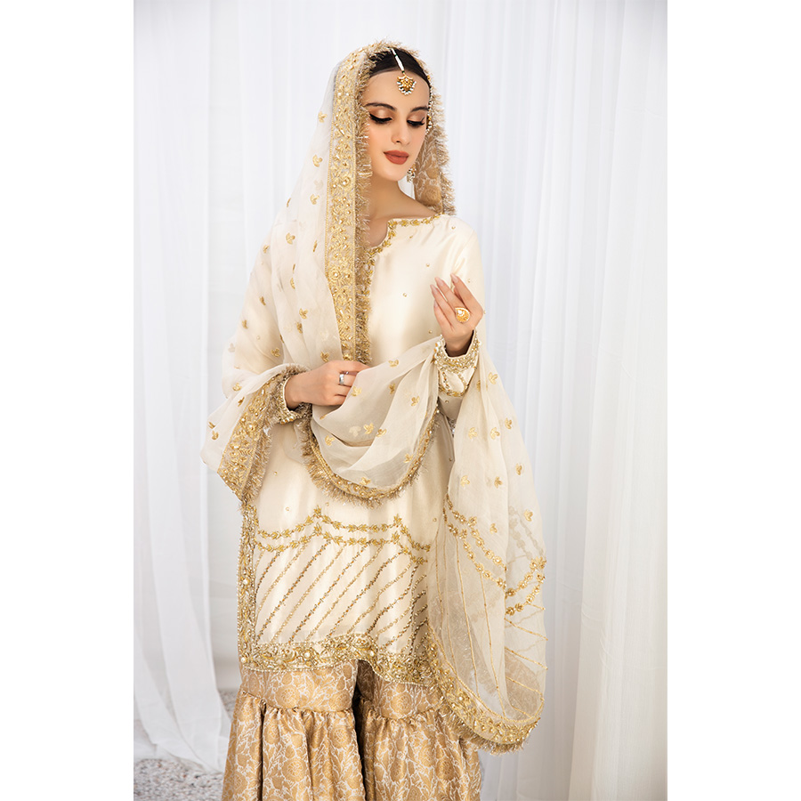 Pakistani Ivory Embroidered Raw Silk Shirt with Kimkhwaab Gharara (3-Piece) - Image 6