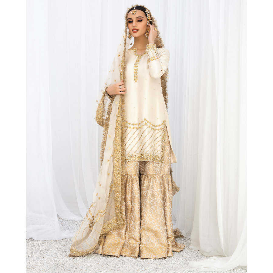 Pakistani Ivory Embroidered Raw Silk Shirt with Kimkhwaab Gharara (3-Piece) - Image 7