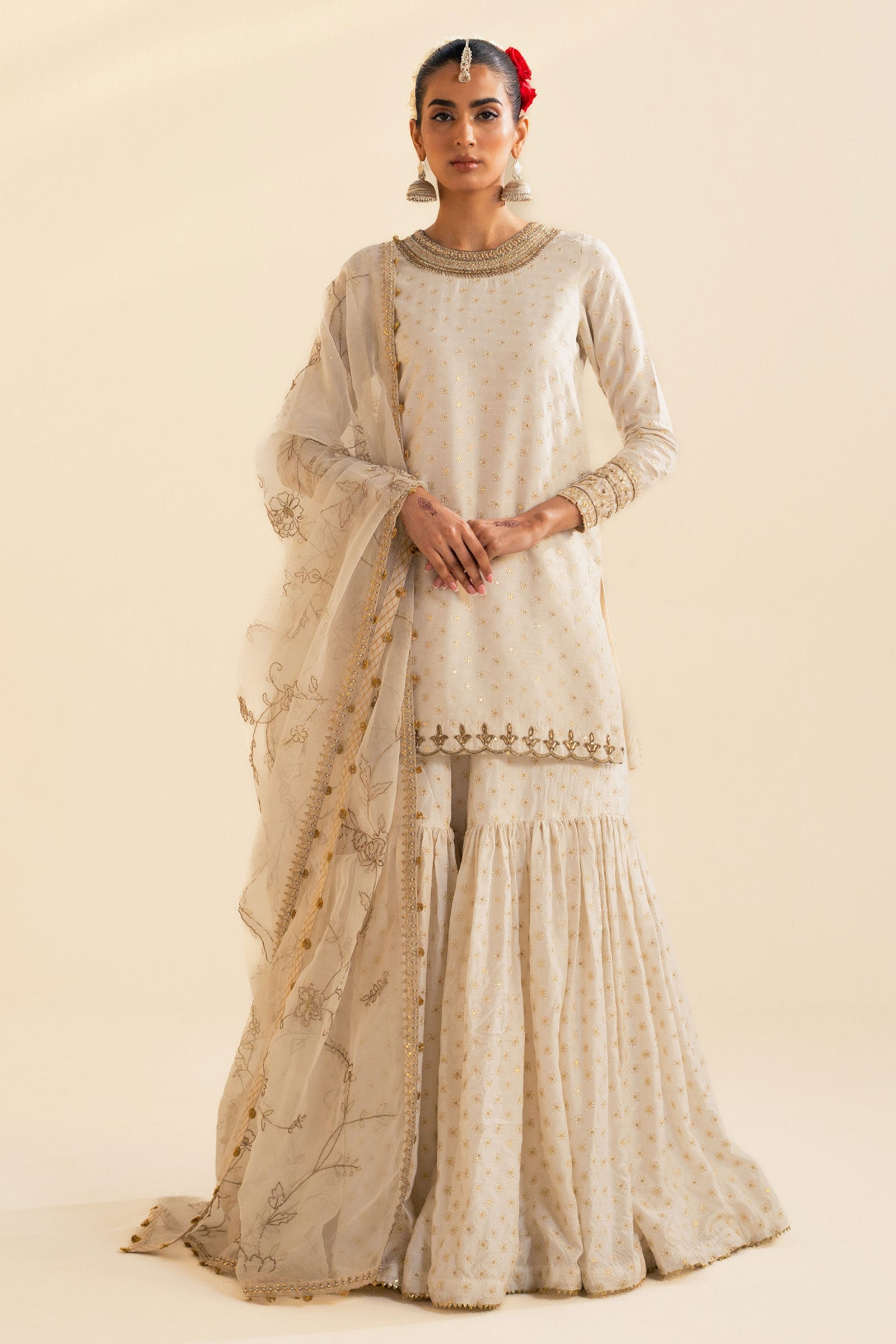 Ivory Embroidered Raw Silk Gharara Set (3-Piece) - Image 2