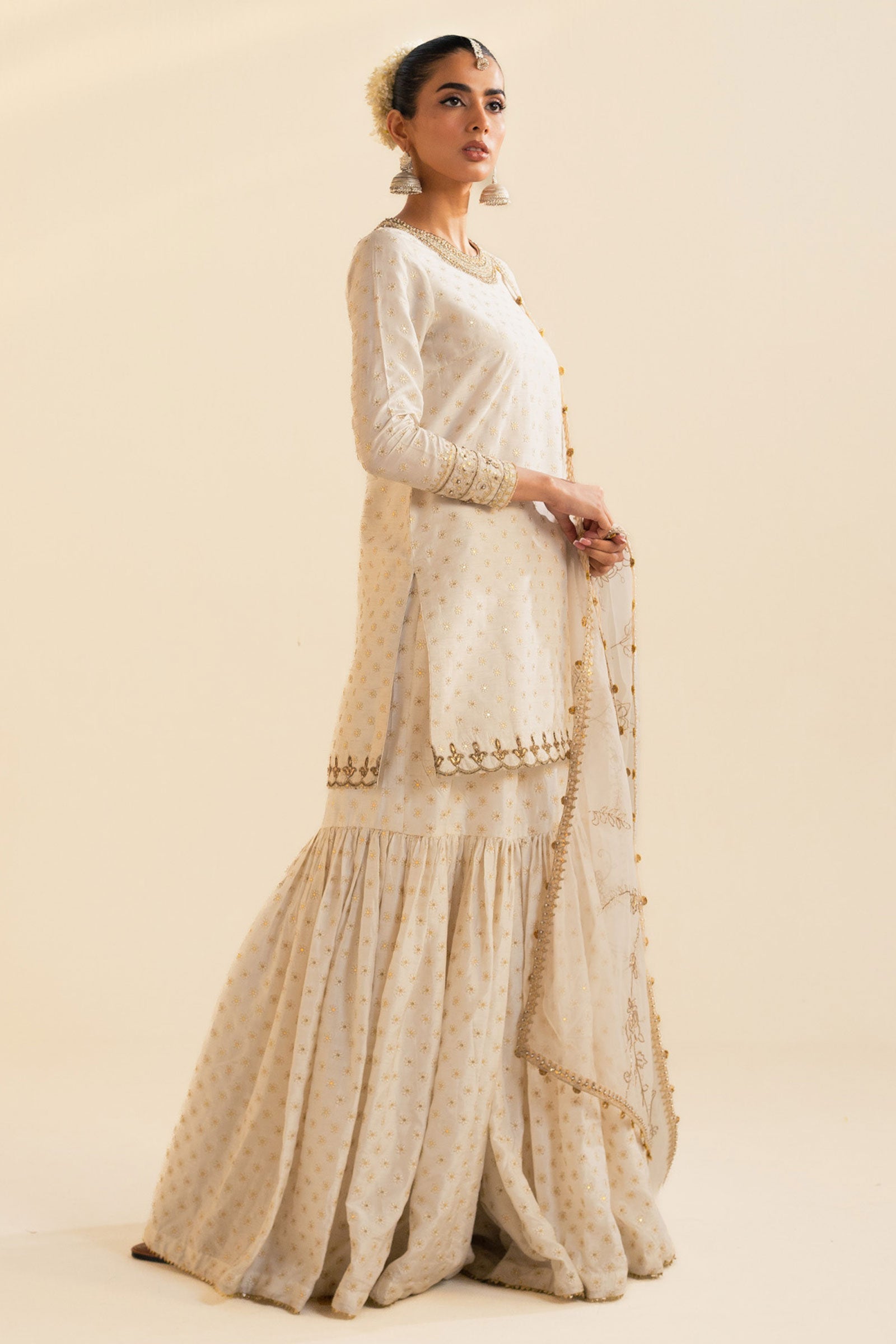 Ivory Embroidered Raw Silk Gharara Set (3-Piece) - Image 5