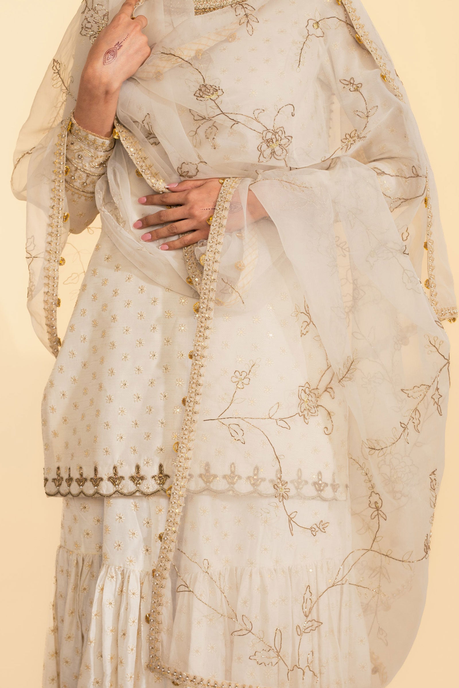 Ivory Embroidered Raw Silk Gharara Set (3-Piece) - Image 6