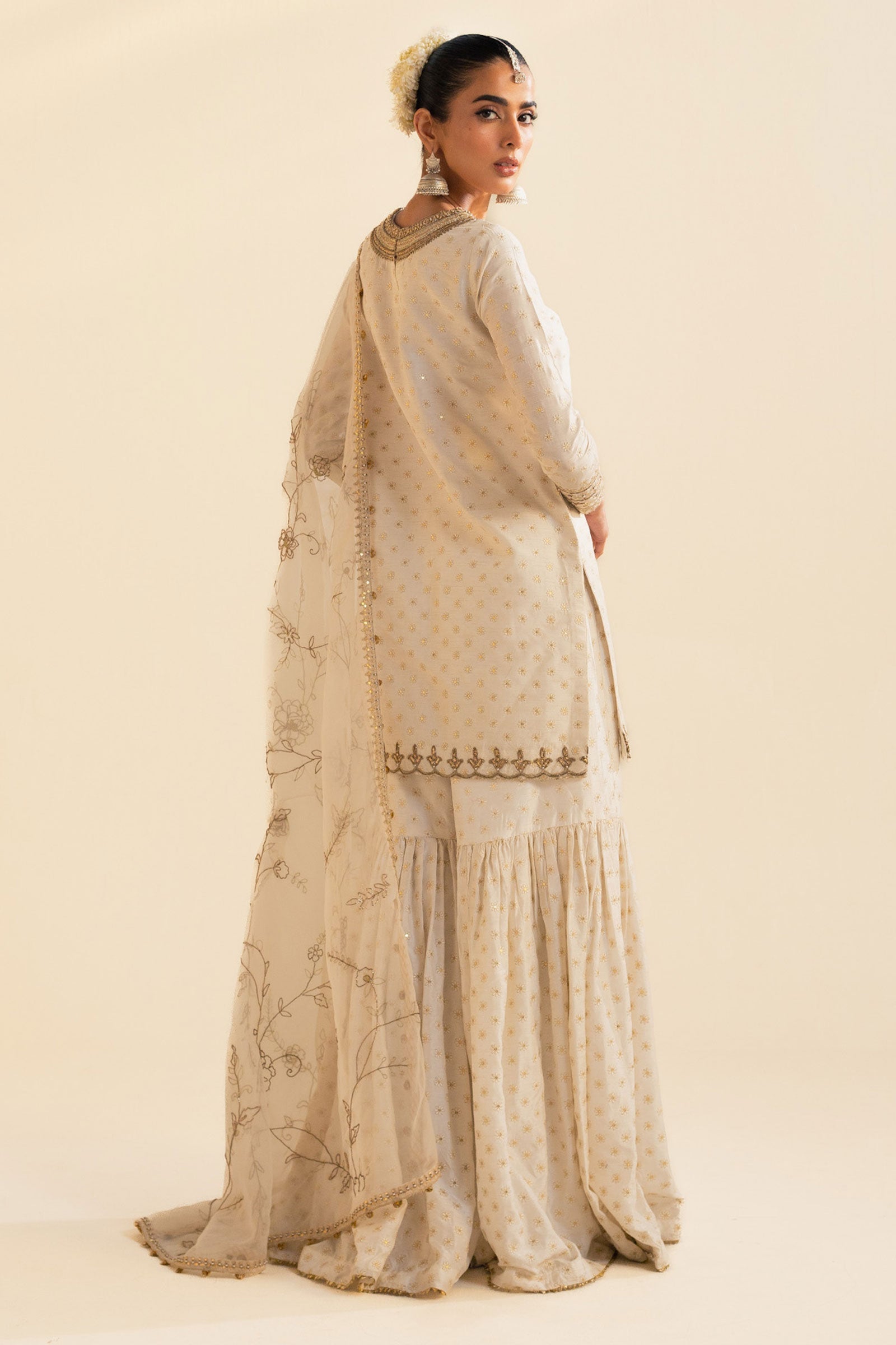 Ivory Embroidered Raw Silk Gharara Set (3-Piece) - Image 7