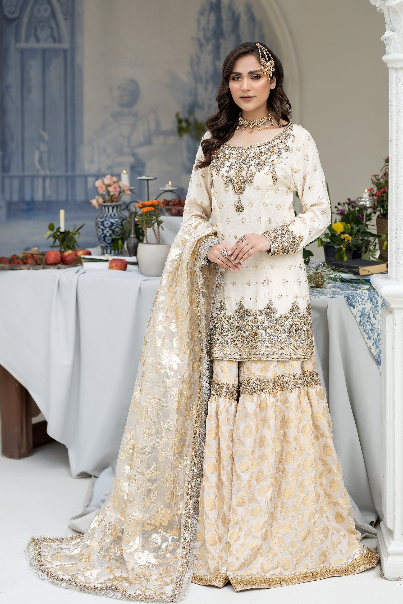 Pakistani Ivory Hand-Embroidered Raw Silk Gharara (3-Piece) - Image 2