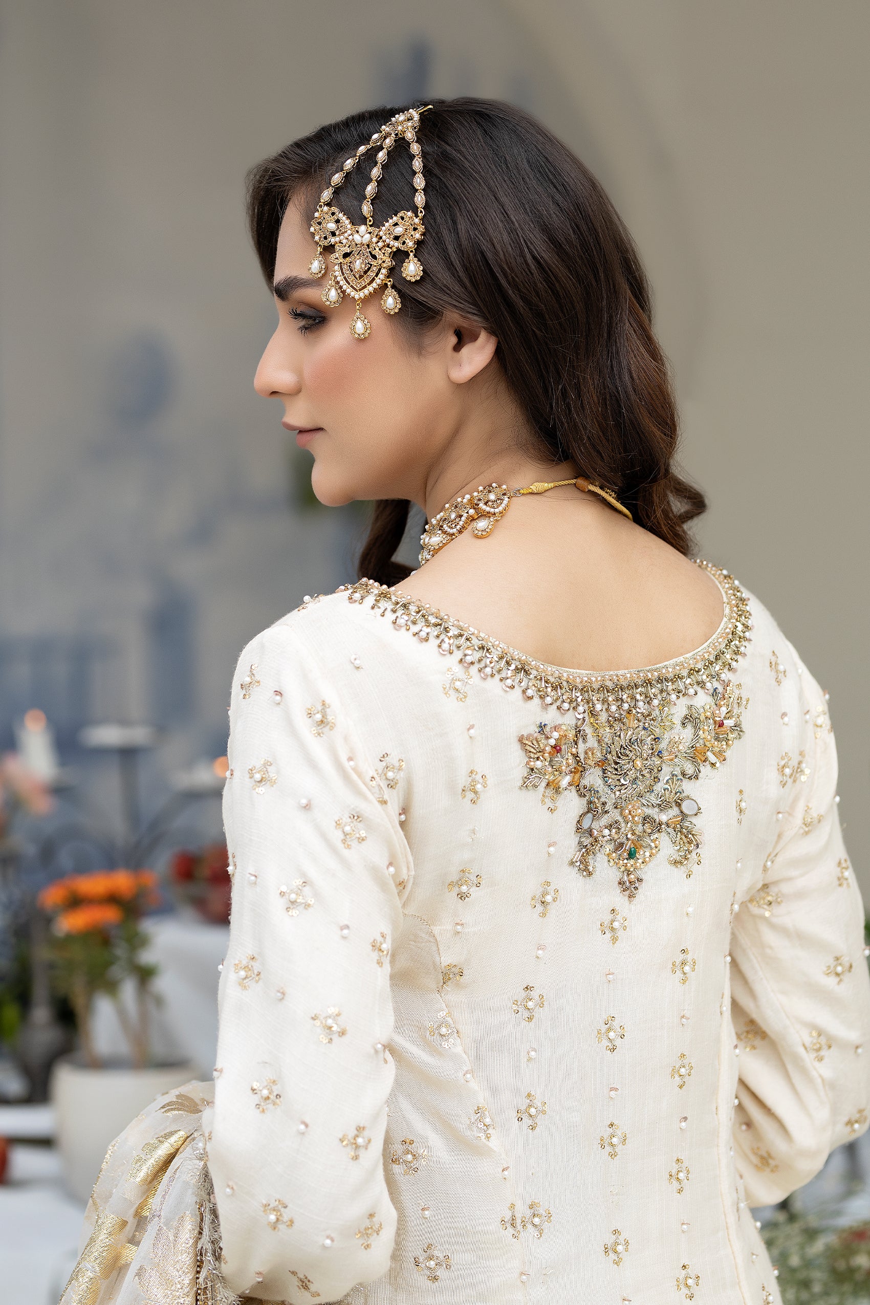 Pakistani Ivory Hand-Embroidered Raw Silk Gharara (3-Piece) - Image 4